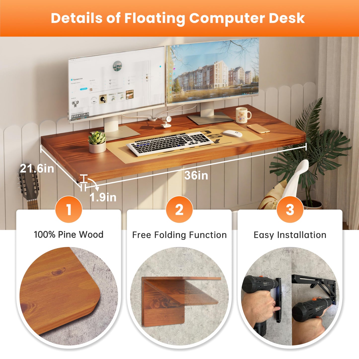 IAE Floating Wall Mounted Folding Table Desk with Pine Wood,36" x 22" Folding Workbench,Fold Down wall Mounted Foldable Table with Shelf Brackets,Laundry Folding Table for Apartment,Home,Kitchen,Teak