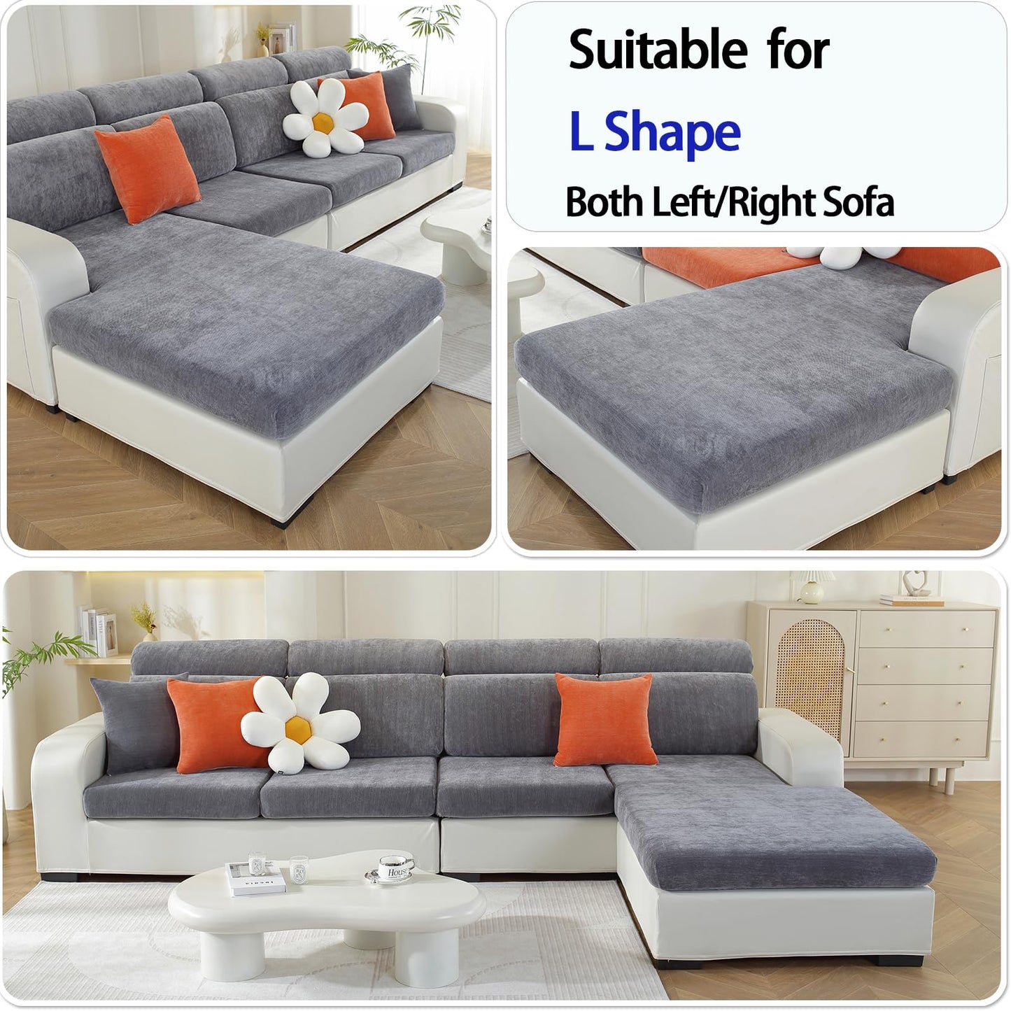 WEYOND Couch Cushion Covers for L Shaped Sectional Sofa – Softer Chenille Large Sofa Covers Washable, Non-Slip Individual Stretch Couch Cover (1-Pack Chaise Cover, Dark Grey)