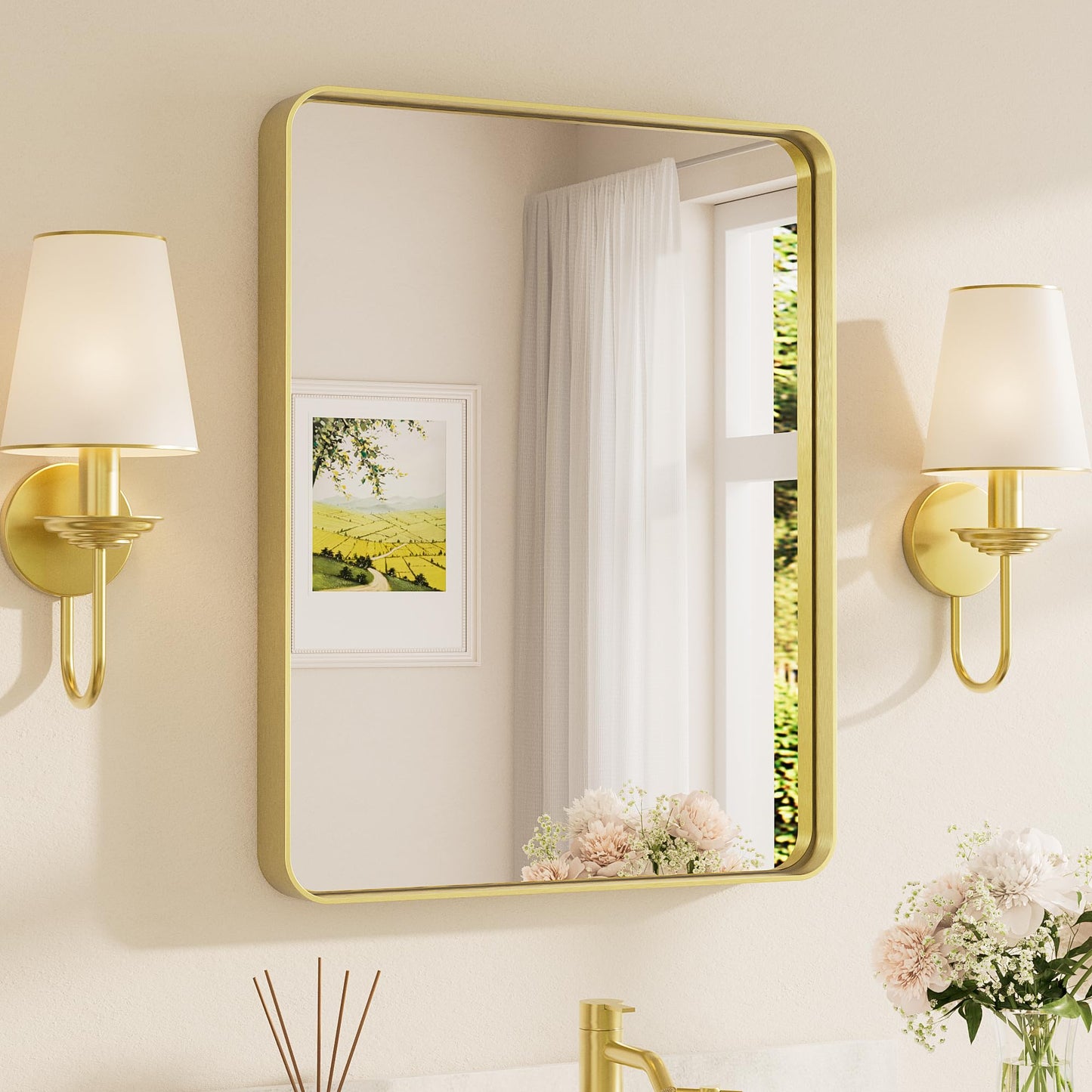 TETOTE Brushed Gold Bathroom Mirror, 24 x 30 Inch Metal Framed Mirror, Brushed Brass Rectangle Wall Mounted Golden Vanity Mirror (Horizontal/Vertical)
