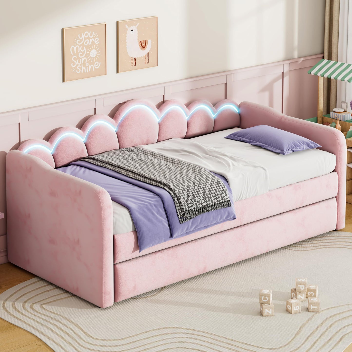QVUUOU Upholstered Twin XL Daybed with LED Light and Trundle, Pink - Cozy Comfort with Pull-Out Guest Bed