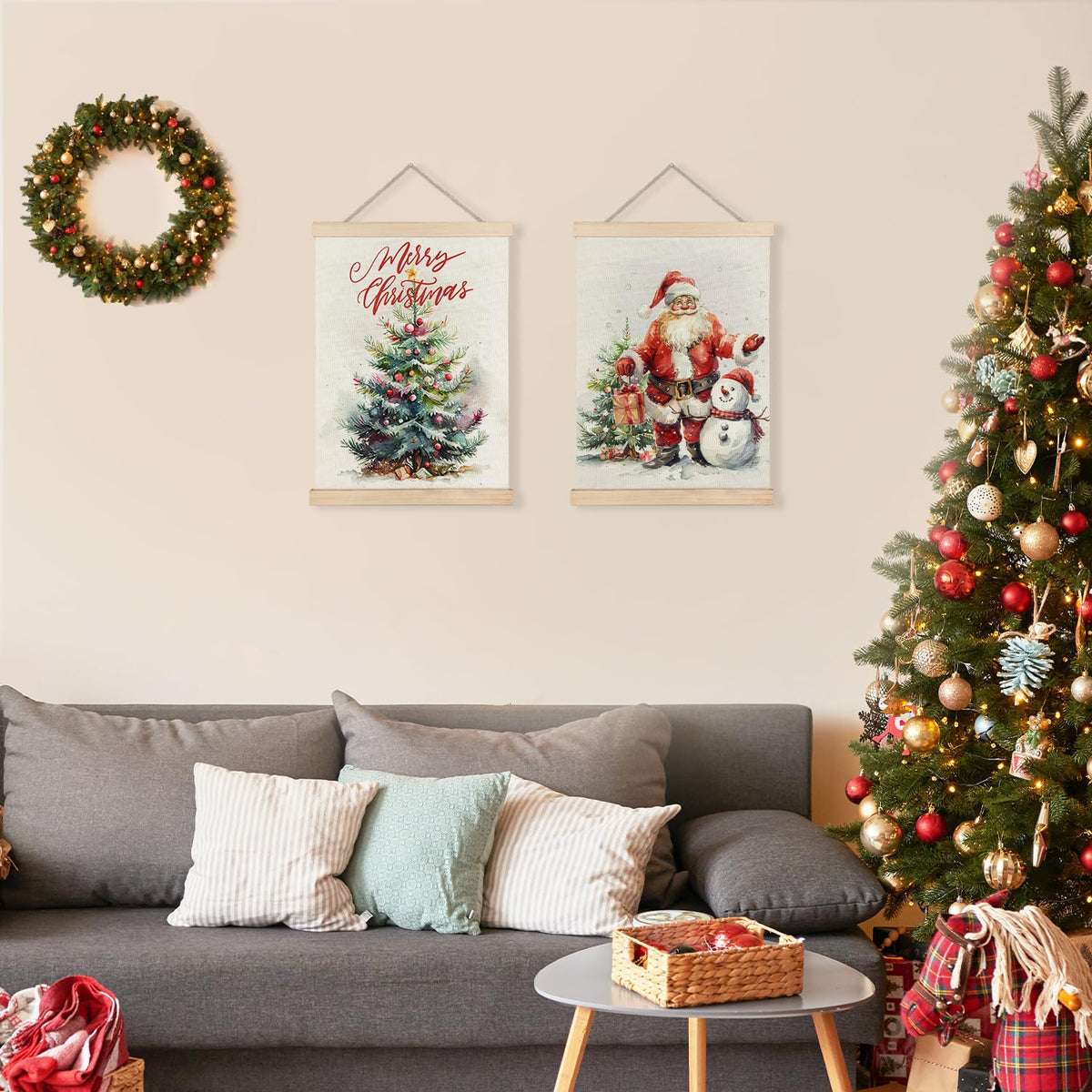 LUVADIAN Merry Christmas Wall Art with Wood Poster Hanger Set of 2, Christmas Tree Wall Decor Santa Claus Snowman Posters Artwork for Walls Decorations, 12x16 Inches