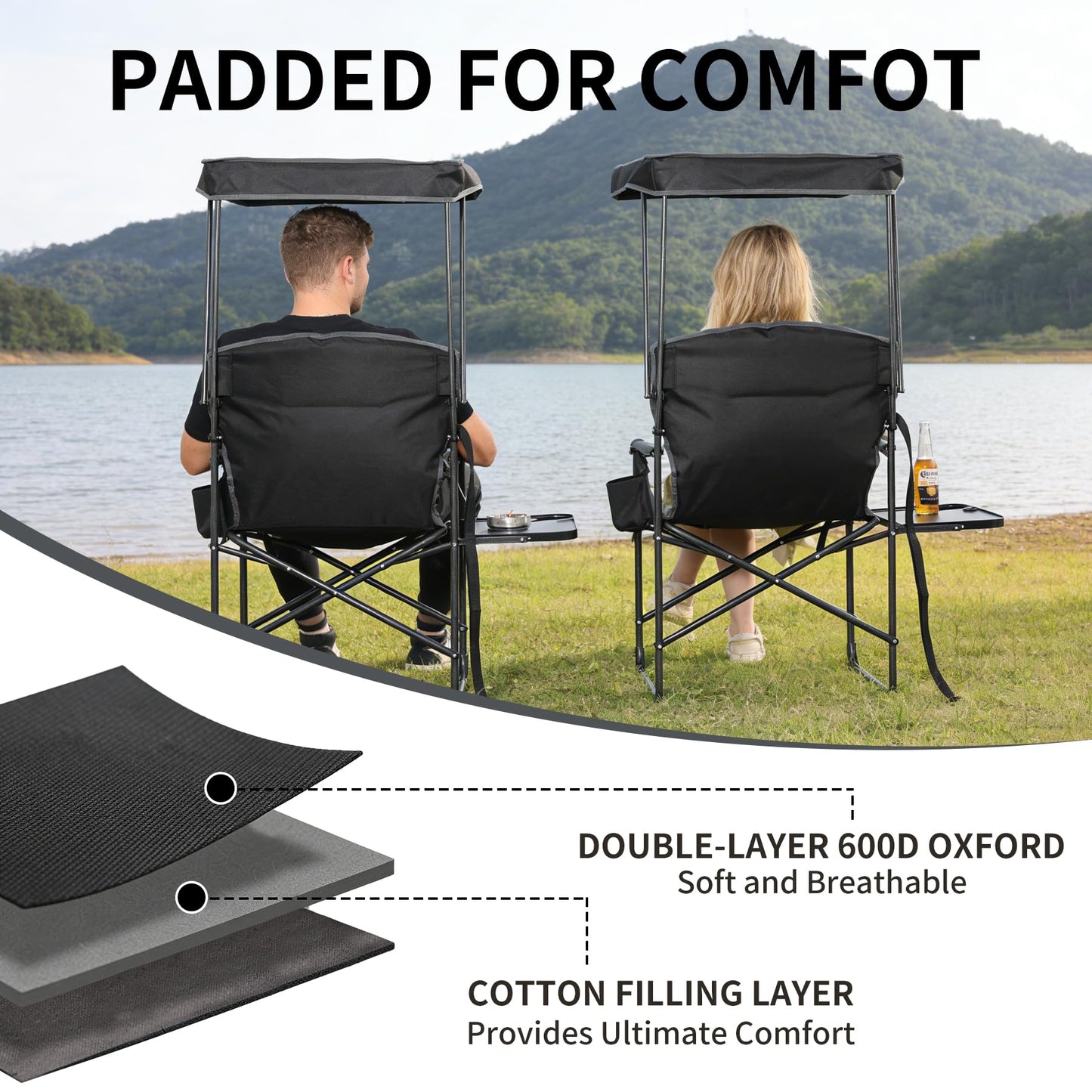 Oversized Camping Chairs with Canopy Foldable Directors Chair with Side Table & Pockets Portable Adults Heavy Duty Outdoor Folding Chairs for Lawn, Beach, Picnic, Sports and Fishing, Supports 500lbs