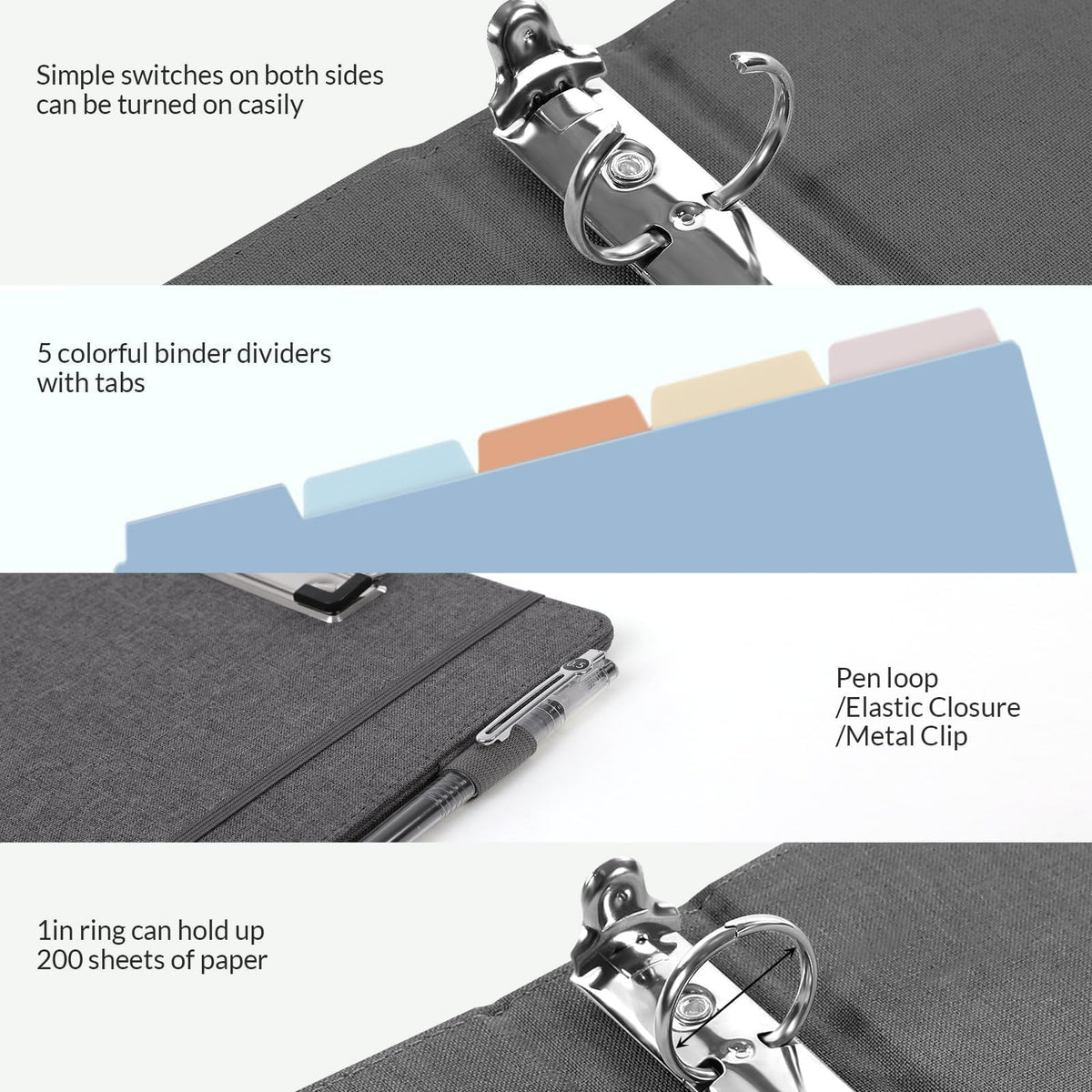 SKYDUE Clipboard Binder with Dividers,1 Inch 3 Ring Binder with Clipboard on Front for Organizer, Clipboard Folder with Pocket, Labels Office Supplies Gray