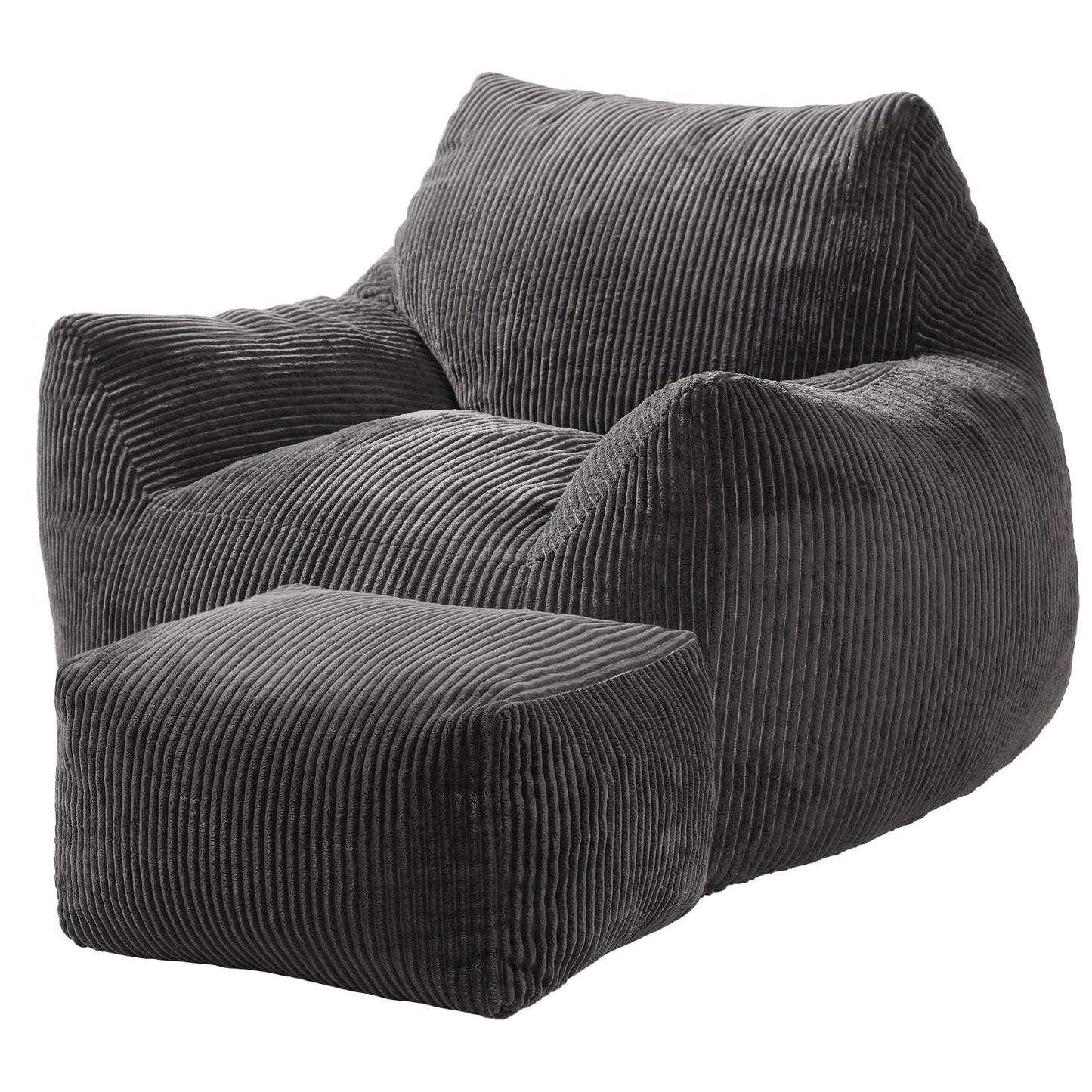 Vellorise Big Bean Bag Chair for Adults, Ultra Soft Living Room Bean Bag with Armrests & Ottoman, Stuffed BeanBag Chair for Napping, Gaming, Vacuum-Compressed for Easy Gifting, 48h to Expand Dark Gray