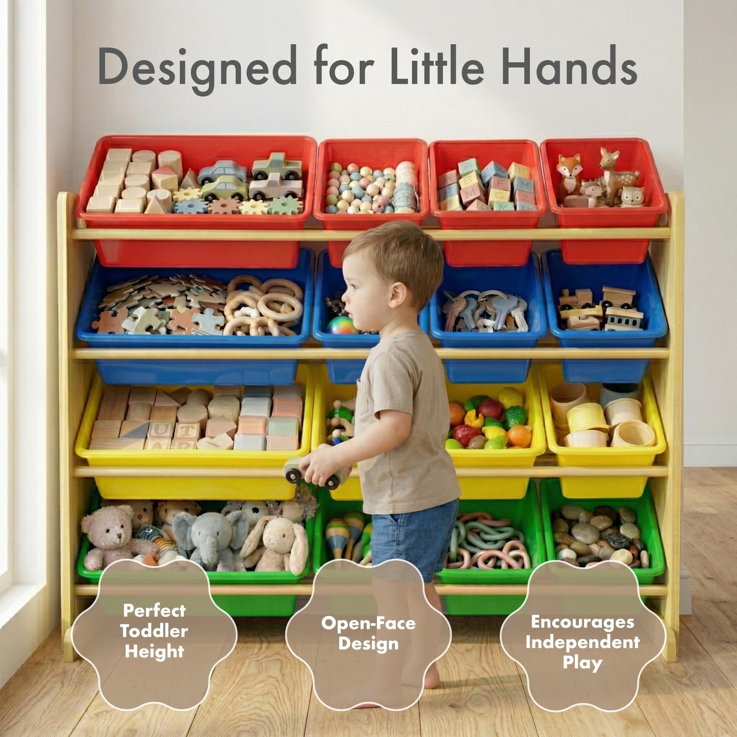 Humble Crew Toy Storage Organizer with 16 Removable Storage Bins for Kids Playroom, 4-Tier Toddler Toy Organization, Natural Wood/Primary