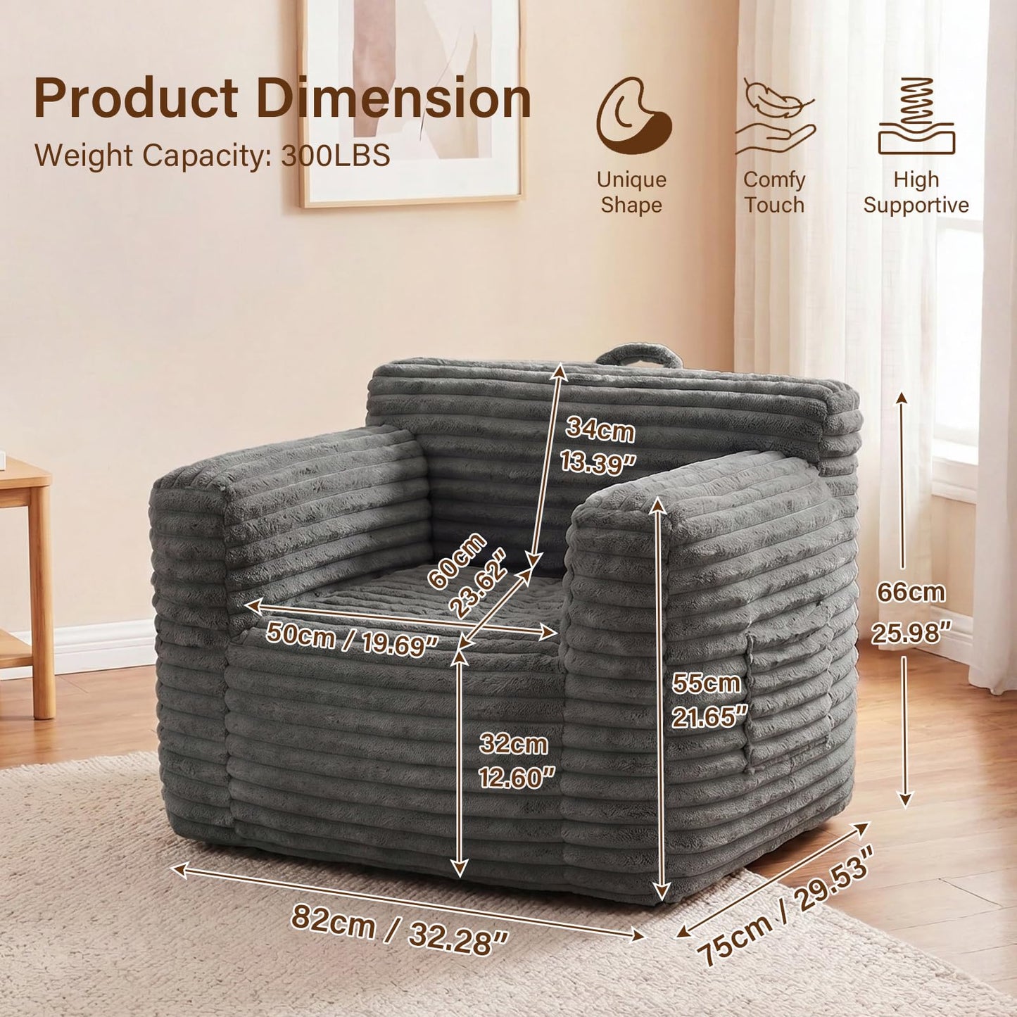 Tiita Bean Bag Chair for Adults, Foam Lounge Chair with Back Support and Armrests, Soft Corduroy Cover, Removable Washable Sofa Chair for Reading, Gaming, Living Room & Bedroom, Dark Grey