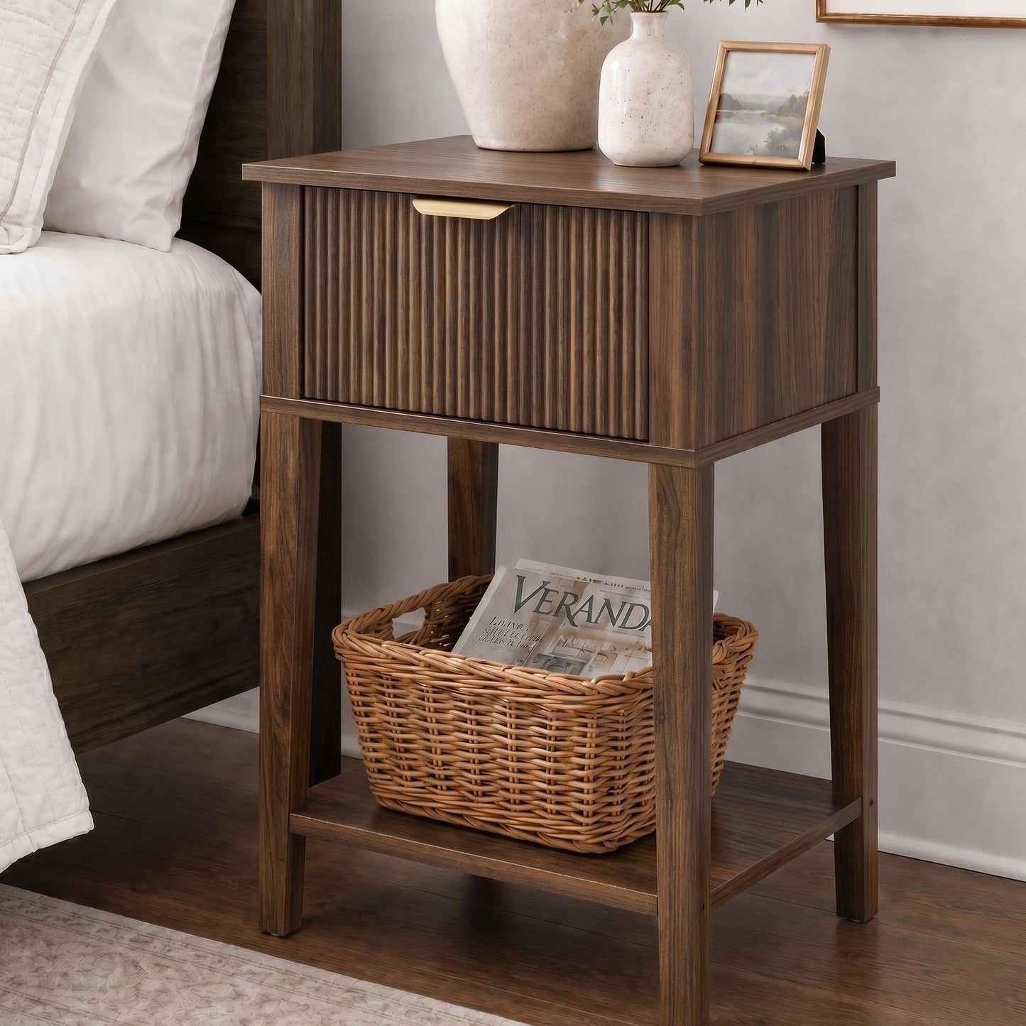 RIHHA Modern Fluted Small Wood Nightstand, 11.8" Deep x 15.4" Narrow Bedside Table with Drawer & Open Shelf, Mid-Century Rustic Accent End Table for Bedroom & Sofa - Walnut