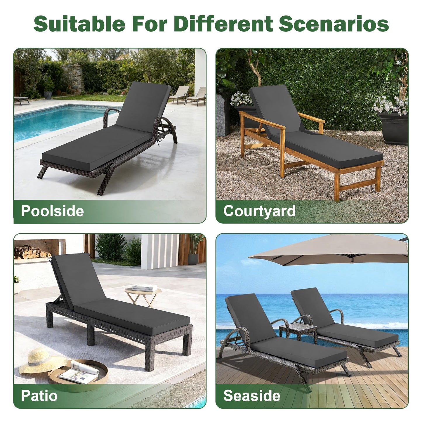 Aegisun Chaise Lounge Cushions Outdoor, 72x 21x 3 Inch Waterproof & Fade-Resistant Lounge Chair Cushion, Outdoor Chaise Cushion with Removable Cover & Ties for Lawn, Patio, Pool & Beach, Dark Grey