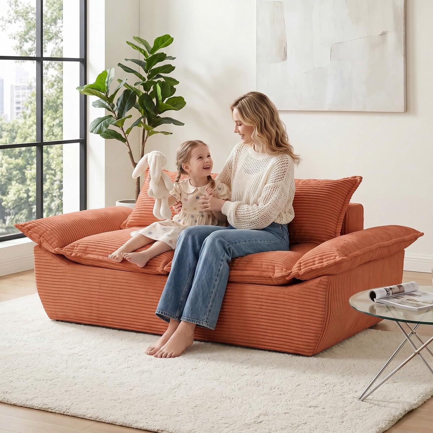 AOLVDOW 56" Boneless Loveseat Sofa, 2-Seater Boneless Sofa with Removable Cushions & 2 Pillows, Small Deep Seat Boneless Couch Compress Foam Sofa for Living Room, Apartments, & Office