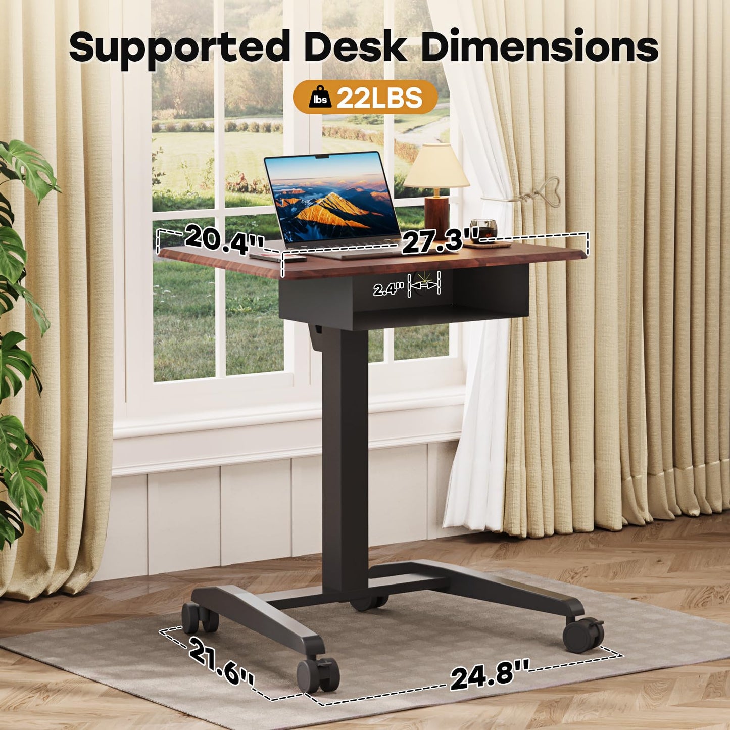 JOY worker Height Adjustable Rolling Laptop Desk with Shelf, Mobile Standing Desk, Pneumatic Mobile Laptop Table with Wheels for Couch Home Office School, Holds Up to 22lbs, Dark Walnut