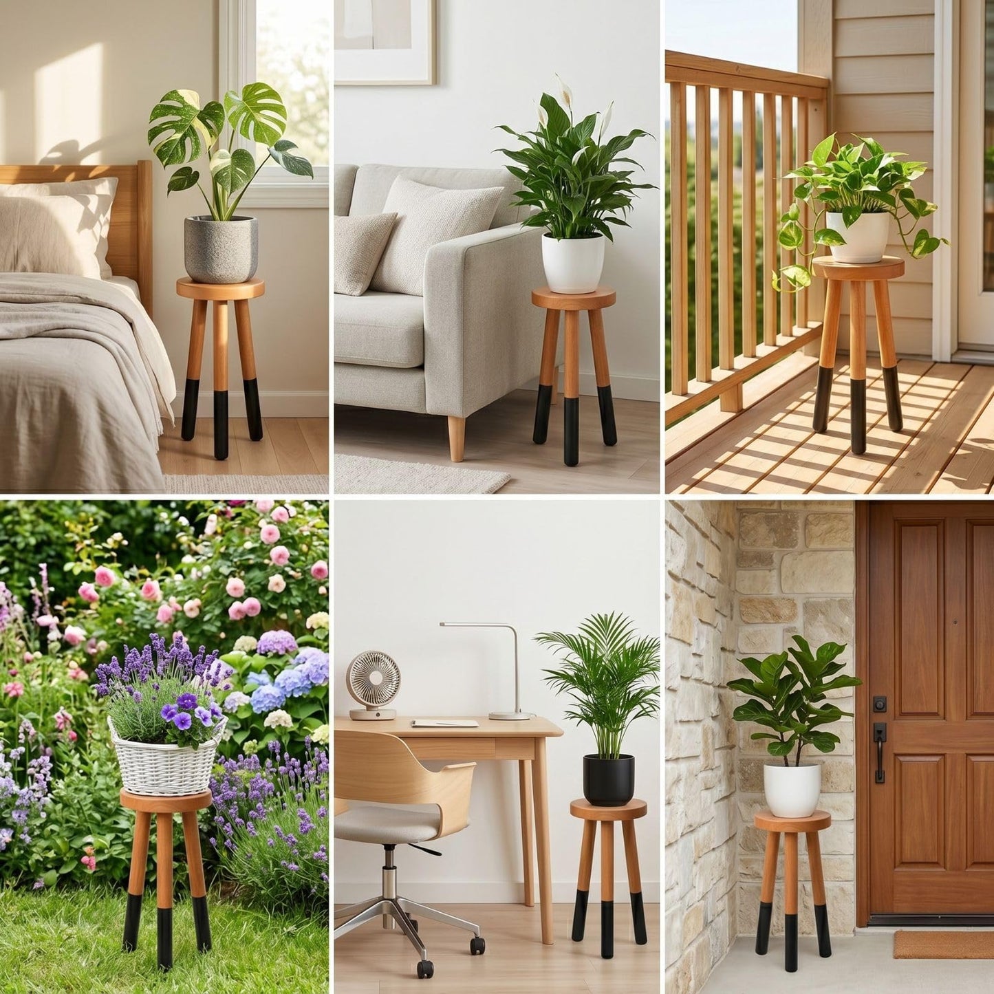 JOLLYMER Rubber Wood 9" Round Plant Stand |Dip Dyed Black Accent Stool |Small Drinking Table |Side Table(18" H)