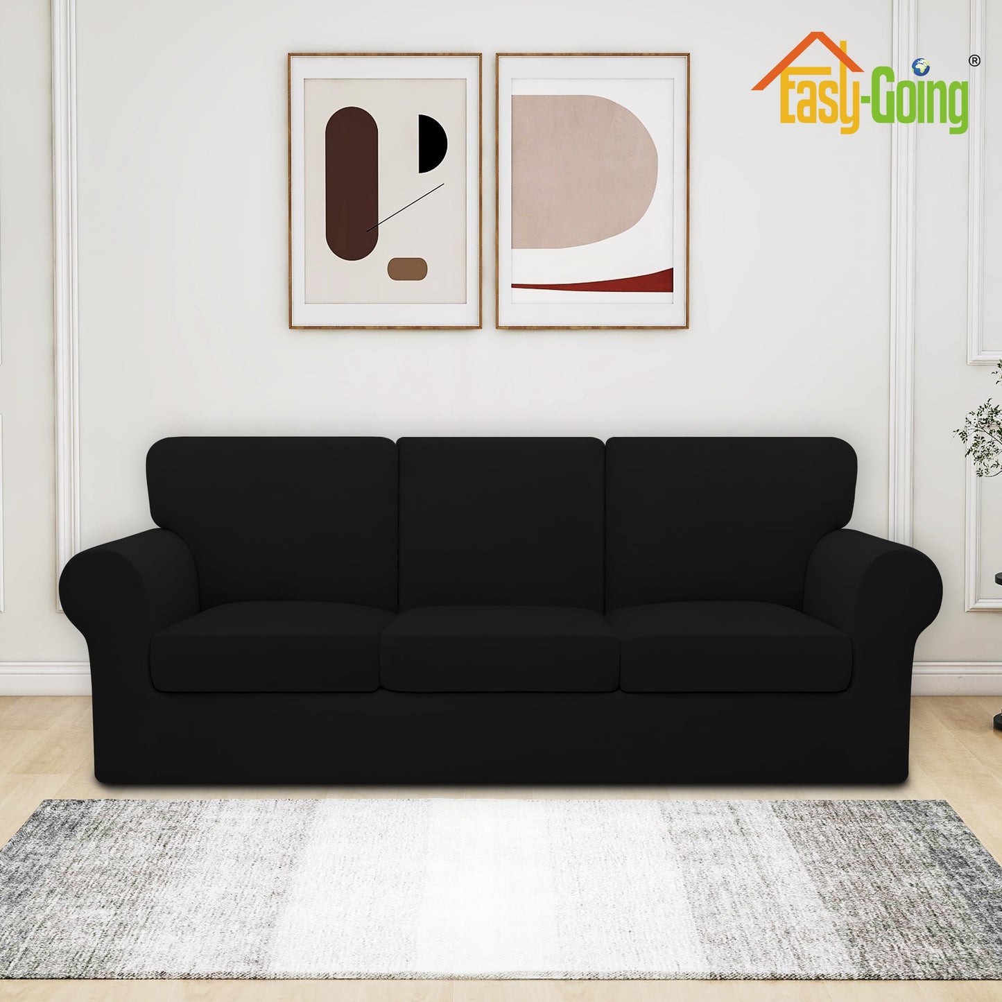 Easy-Going 7 Pieces Stretch Couch Cover Washable Sofa Cover Set for 3 Backrest and Seat Cushion Couch Anti-Slip Sofa Slipcover Furniture Protector with Elastic Bottom (Large, Black)