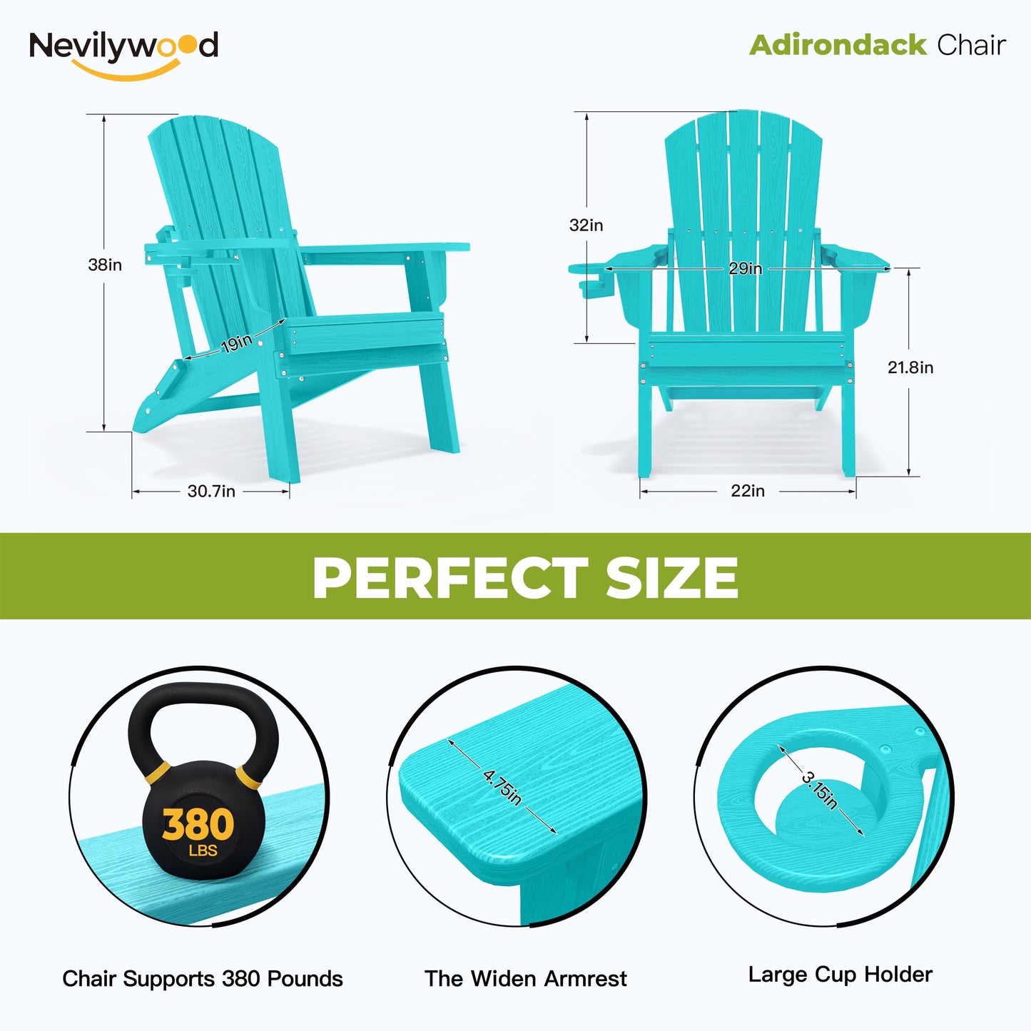 nevilywood Folding Adirondack Chair, Ergonomic, Cup Holder, 380lbs,Aruba