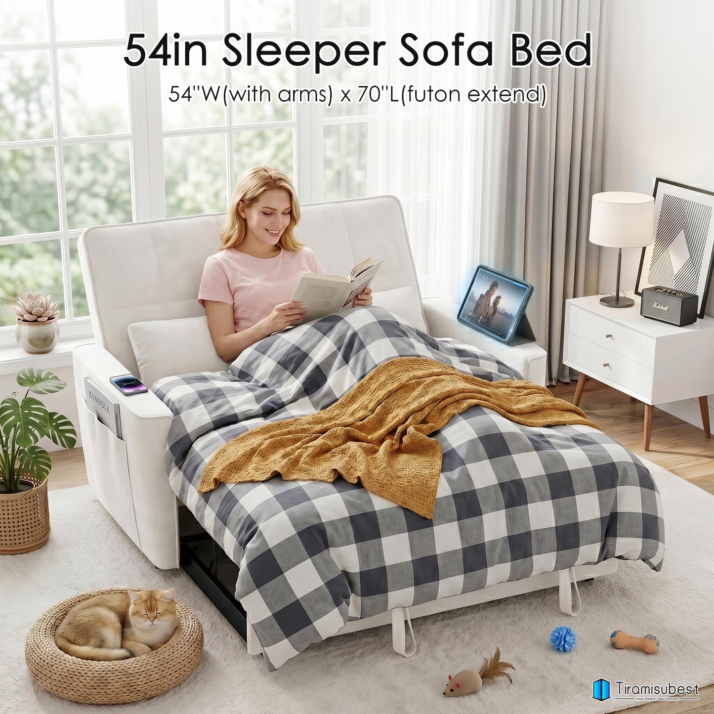 tiramisubest 54'' Sleeper Sofa Bed, Convertible Pull Out Couch Futon for for Living Room,Apartment (Beige, Loveseat) Side Pockets, Velvet Fabric, Adjustable Backrest, Pull-Out Bed, Easy Assembly