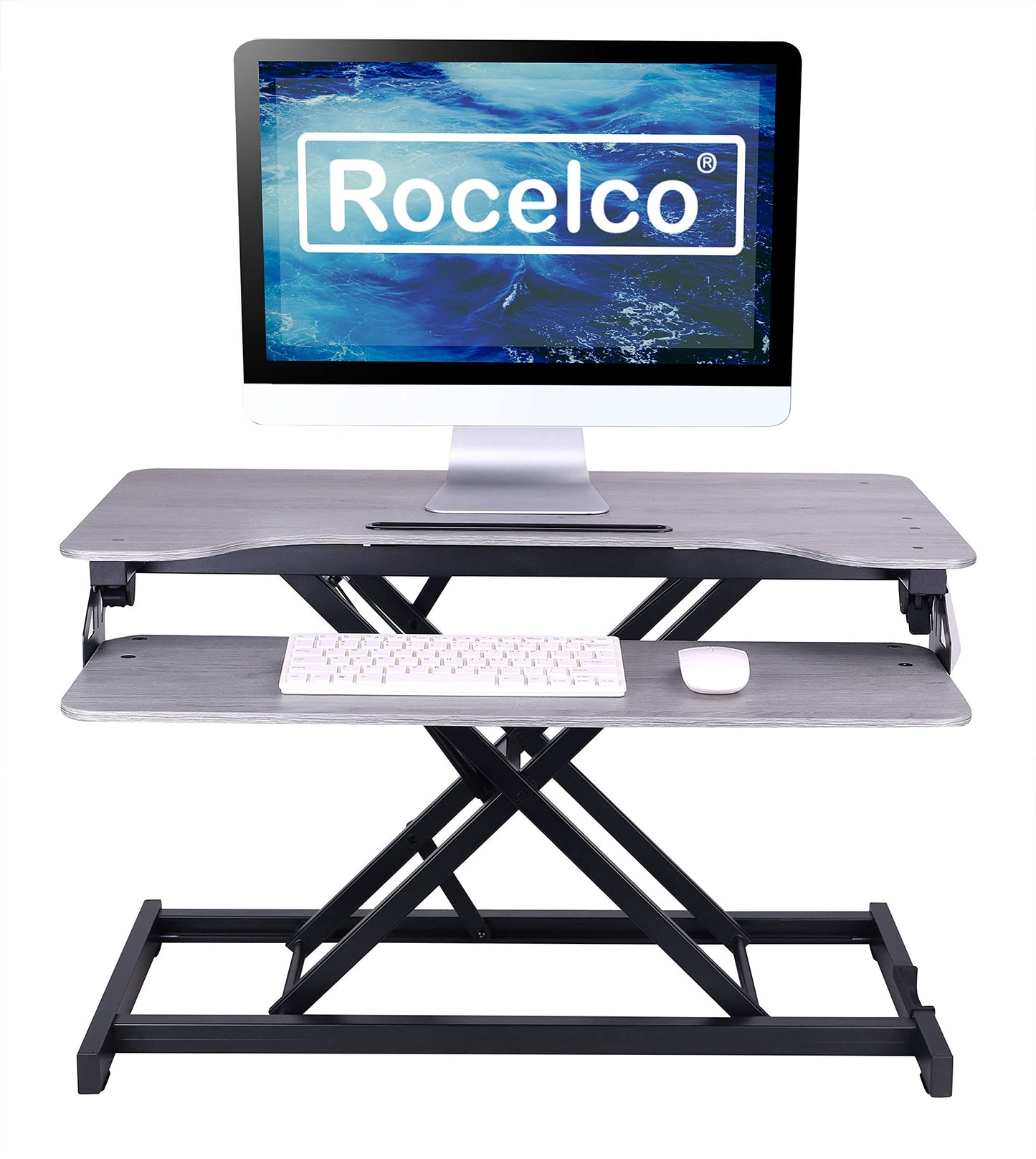 Rocelco Standing Desk Converter with Dual Monitor Mount - 31.5 Inch Sit Stand Up Tabletop Riser with Tablet Holder, Height Adjustable Workstation - Deep Keyboard Tray for Laptop - Gray (R VADRG-DM2)