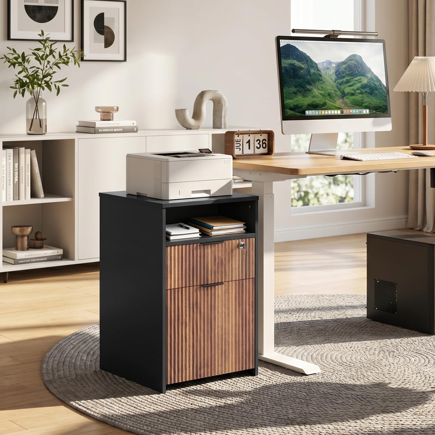 CHOEZON File Cabinet, Fluted File Storage Cabinet with Lockable Drawer, Rolling Storage Cabinet on Wheels, Under-Desk Storage, Printer Stand, for Office and Study, Black and Dark Walnut MWJ07BL