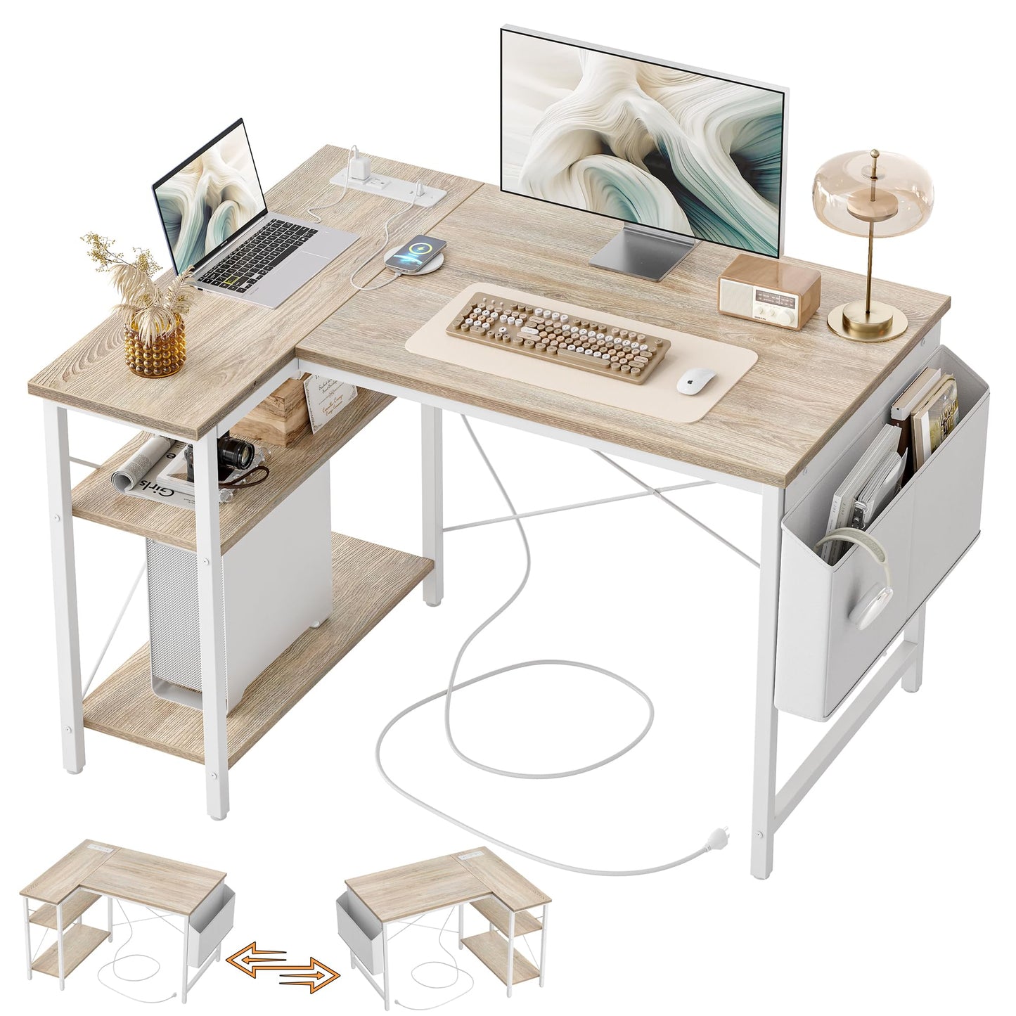 TIQLAB L Shaped Computer Desk with Power Outlets, 40 Inch Small Corner Desk with Reversible Shelves, Gaming Desk Computer Table Study Writing Table for Home Office Bedroom Small Space, Maple