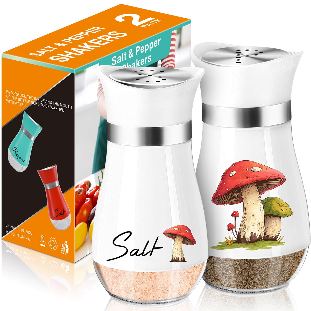 Mushroom White Salt and Peper Shakers,Stainless with Lid Containers for Countertop Set, Refillable Design Country Kitchen Décor