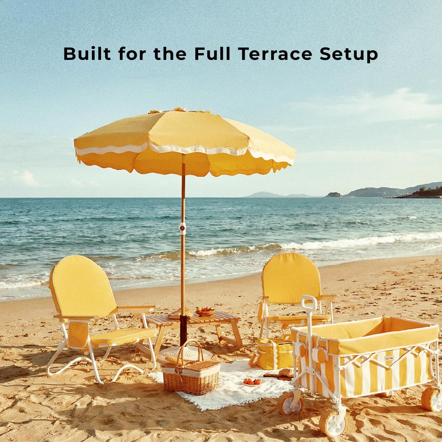 DEER LAND Padded Low Beach Chair, 4-Position Folding Outdoor Chair with Wooden Armrests, Cushioned Seat, Storage Pouch & Carry Strap for Beach, Patio and Lawn, Harbour Mimosa