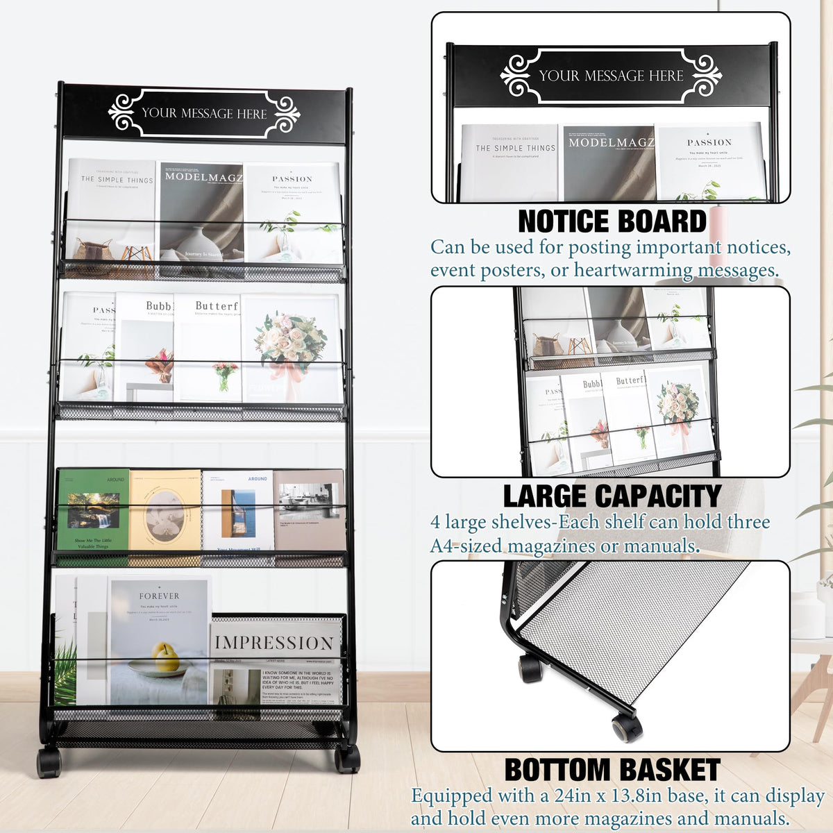 KIZECK Floor Magazine Rack Brochure Display Stand 4-Layer With Wheels And Top Billboard, Newspaper Literature Holder High-Hardness Metal For Office Exhibitions, Black (57.5''*25''*13.2'')