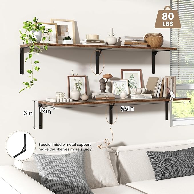 Fun Memories Rustic Brown 12 Inch Deep Floating Shelves Set of 2, Wall Mounted
