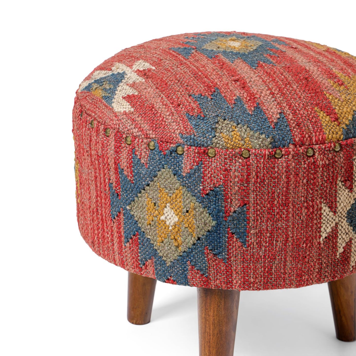 NATURAL FURNISH Handmade Kilim Jute Pouf Ottoman Stool | Round Upholstered Seating with Acacia Wood Legs | Decorative Foot Rest for Living Room, Bedroom, Reading Room & Lounge (Red)