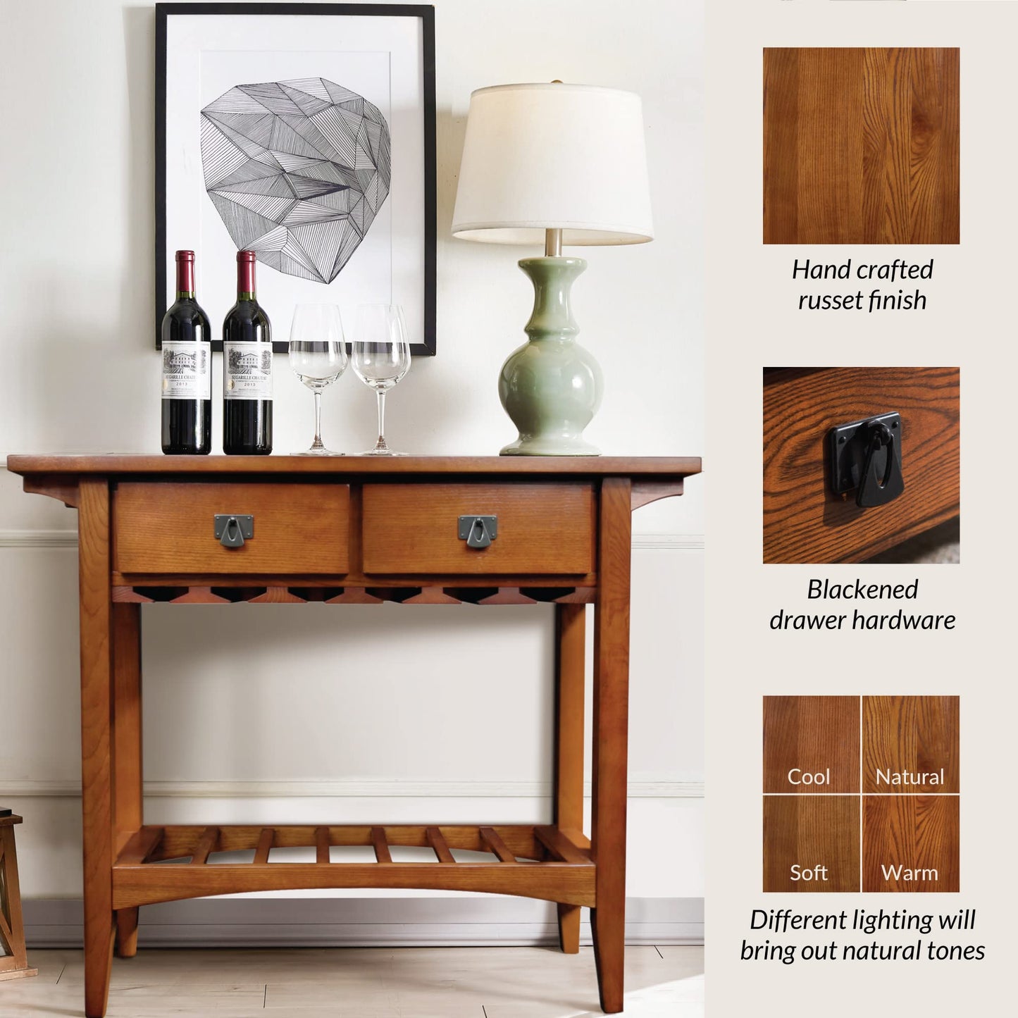 Leick Home 9061-RS Mission Wine Stand with Glass and Bottle Storage, Two Drawer, for Buffet, Dining Room, Living Room, Kitchen, Russet Finish