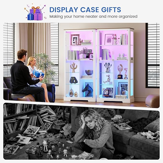 Gurexl Display Cabinet with Motion Sensor LED Lights, Glass Curio Cabinet with