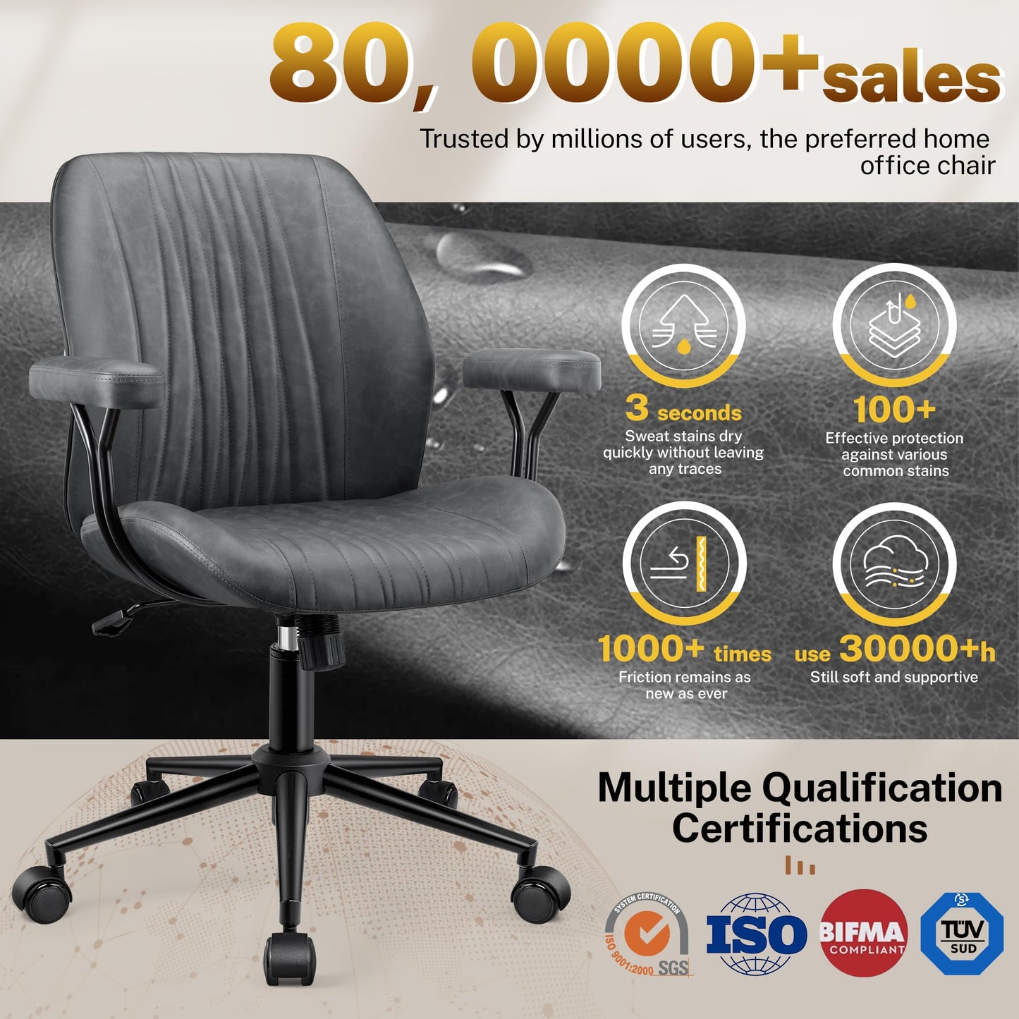 HeroSet Leather Office Chair with Removable Armrests, Mid Back Ergonomic Desk Chair with Lumbar Support, Adjustable Height Rocking Swivel Executive Chair for Home Office, Drak Gray