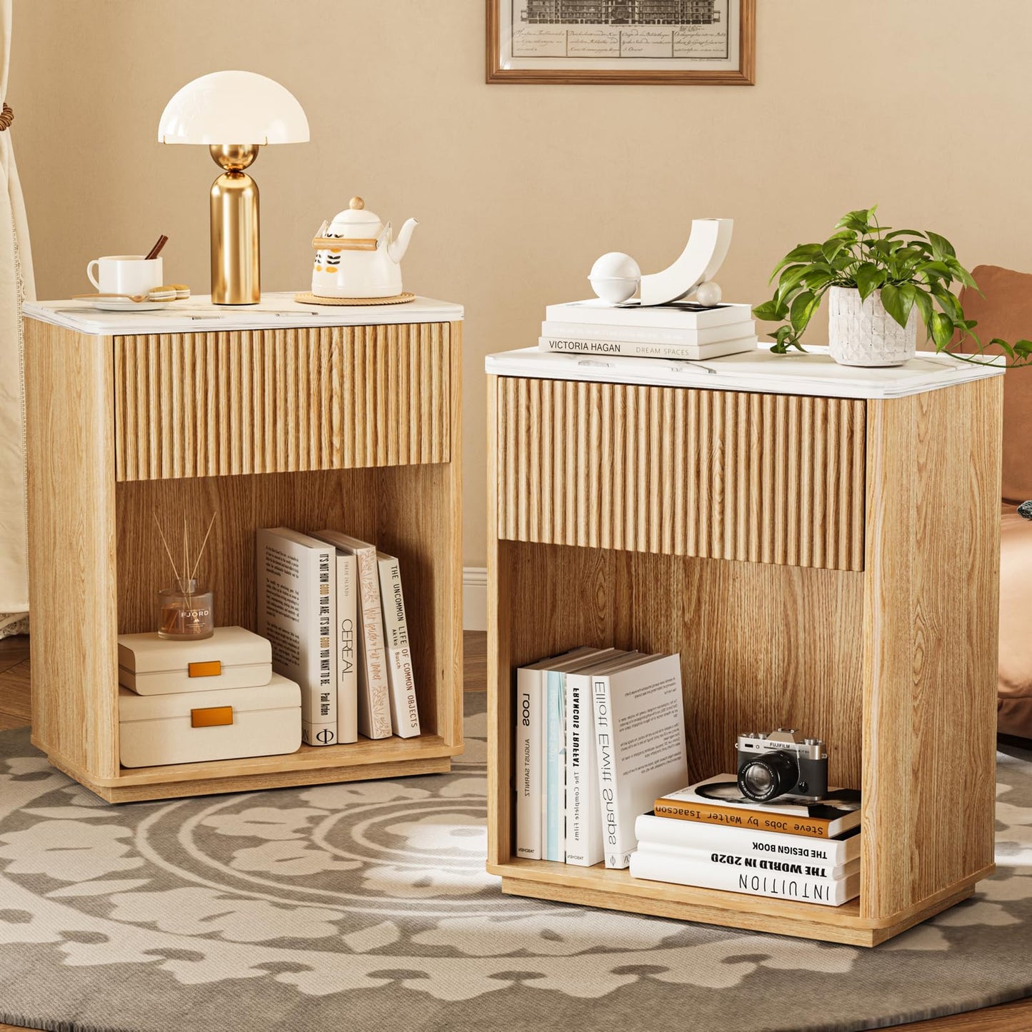 Cychuily Modern Fluted Nightstand Set of 2 for Bedroom, Mid Century Bedside Table Set with Marble Top & Drawer, Wood End Table, 2 Farmhouse Night Stands for Guest Room, Hallway, Oak