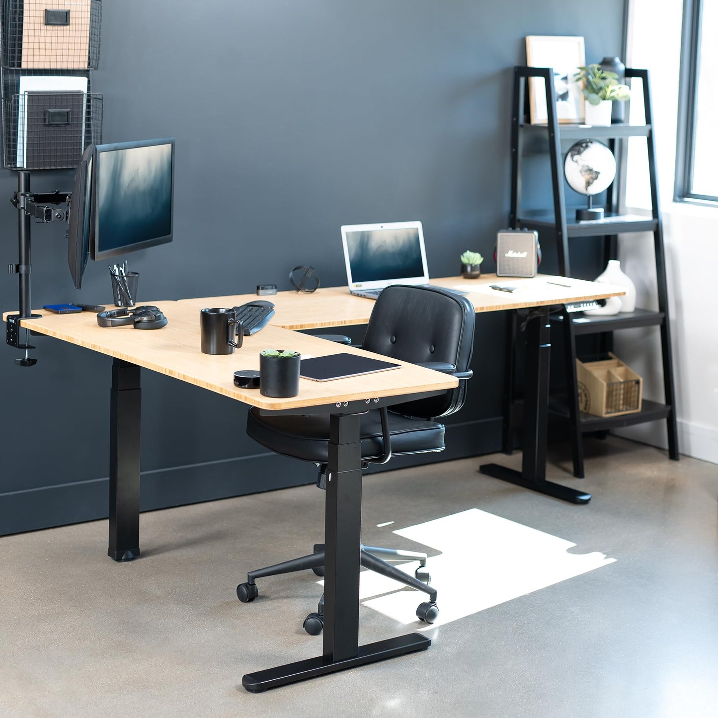 VIVO Electric Height Adjustable 83 x 60 inch Corner Stand Up Desk, 2 Solid Bamboo Table Tops, Black Frame, Memory Controller, L-Shaped Workstation, 3E Series, DESK-KIT-3E8BO