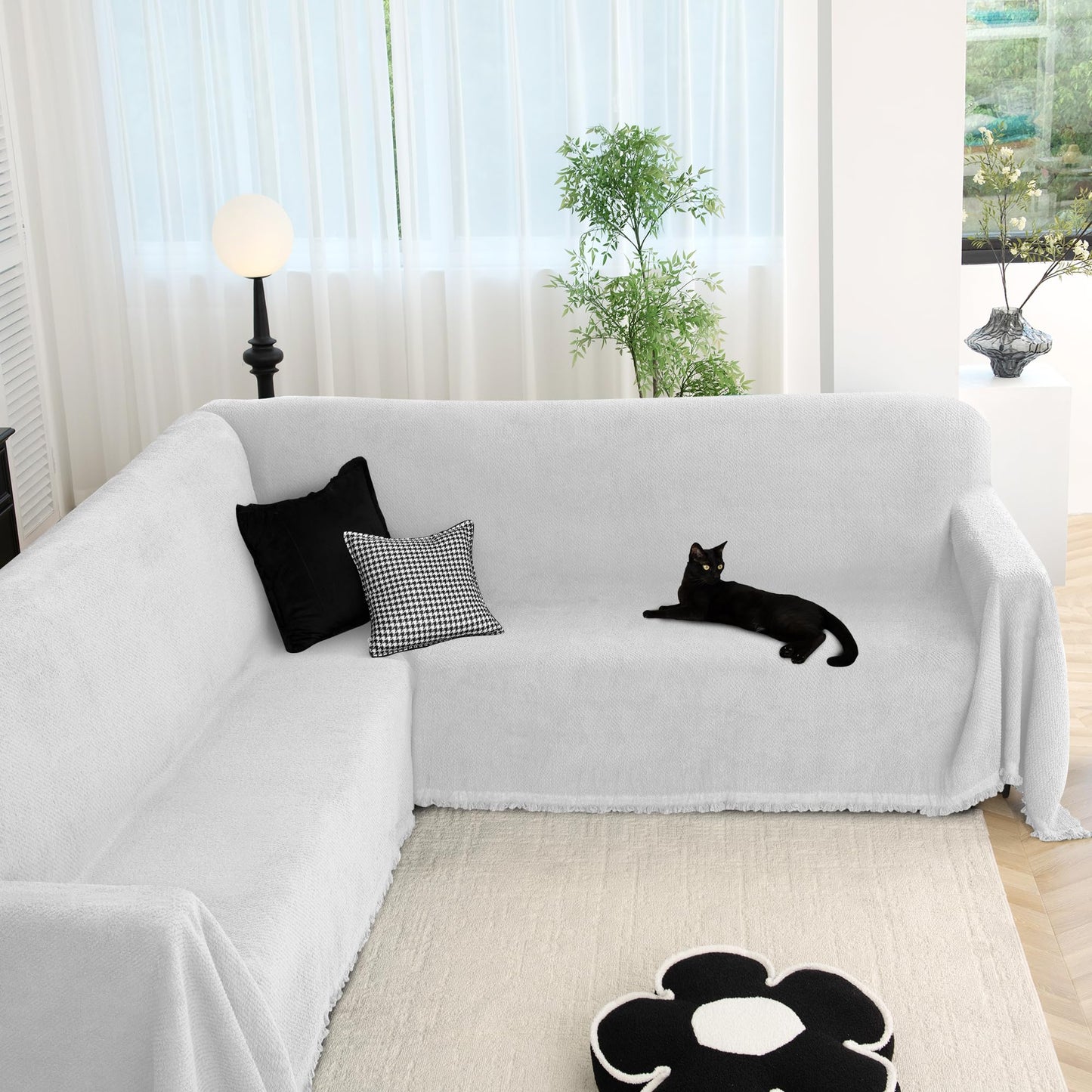 Arfntevss Corner Sectional Couch Covers L Shape Plush Sofa Cover with Tassel Thick Soft Couch Cover for Sectional Sofa U Shaped Slipcovers Washable Dog Furniture Protector (71" x 252", Pale Gray)