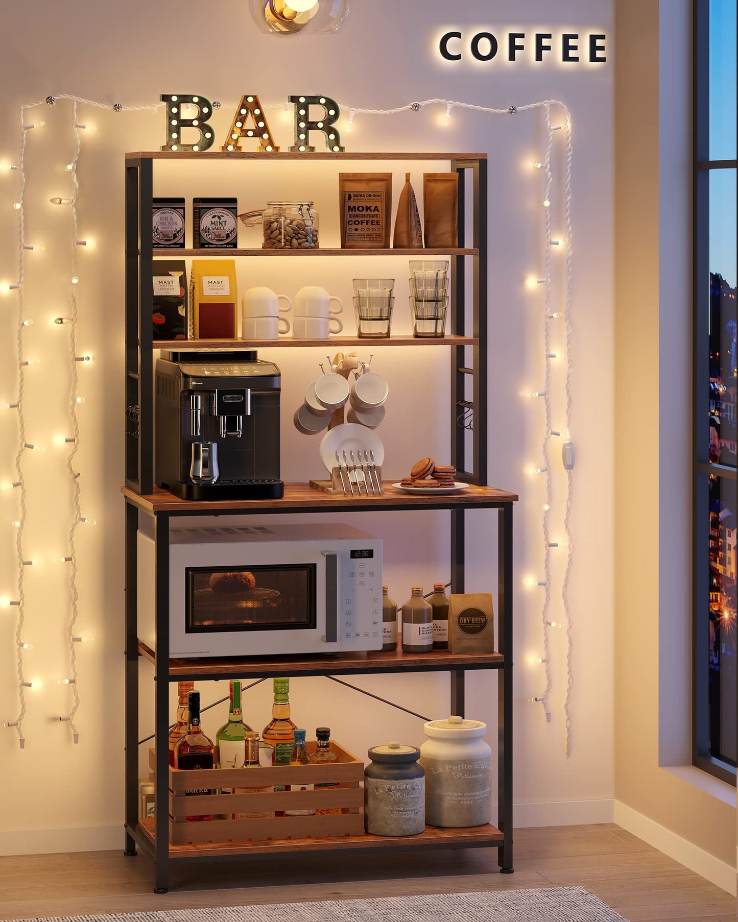 VASAGLE Coffee Bar, 31.5 Inches Baker's Rack for Kitchen with Storage, 6-Tier Kitchen Shelves with 6 Hooks, Microwave Stand, Industrial, Rustic Brown and Ink Black UKKS019B01