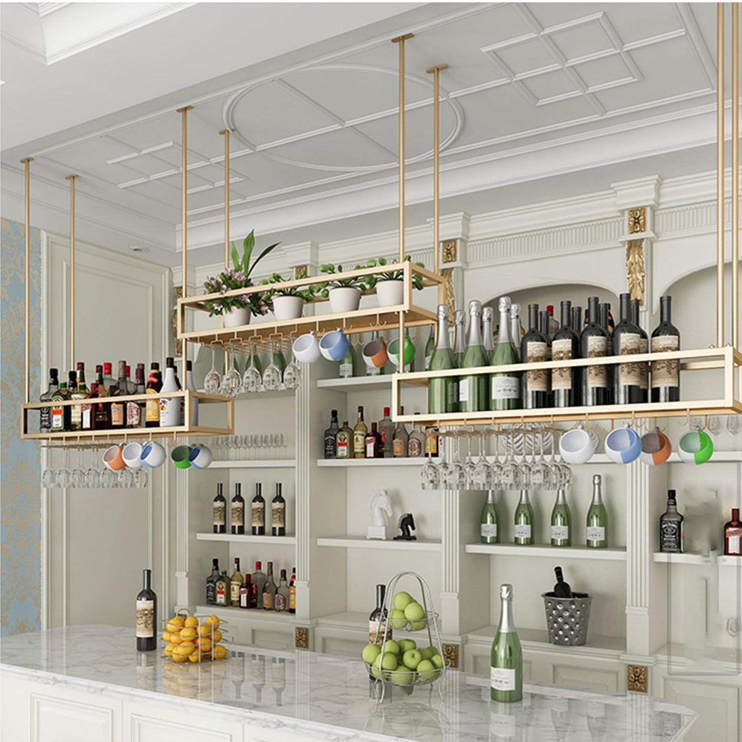 Bottle Rack Hanging Wine Rack Wall Mounted with Wine Glass Rack Floating Bar Shelves Liquor Bottle Display Shelf Mini Bar Wine Racks for Wine Bottles for Home Bar Dining Room Kitchen Cafe