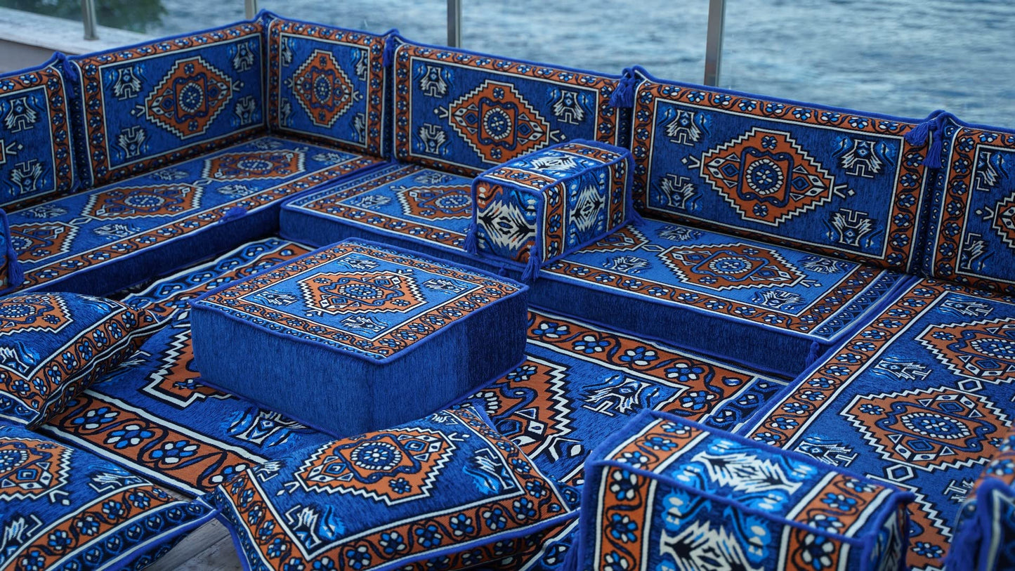 arabicsofa Blue Middle Eastern Moroccan Majlis – U Shaped Oriental Floor Seating Jalsa Modular Sofa