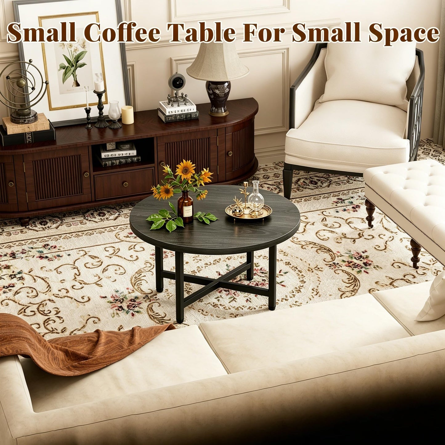 FURMORENE Coffee Table, 23.6" Small Coffee Tables, Gray Round Coffee Tables for Living Room, Floor Table for Sitting on The Floor, Center Coffee Table with Metal Frame for Office Apartment Home