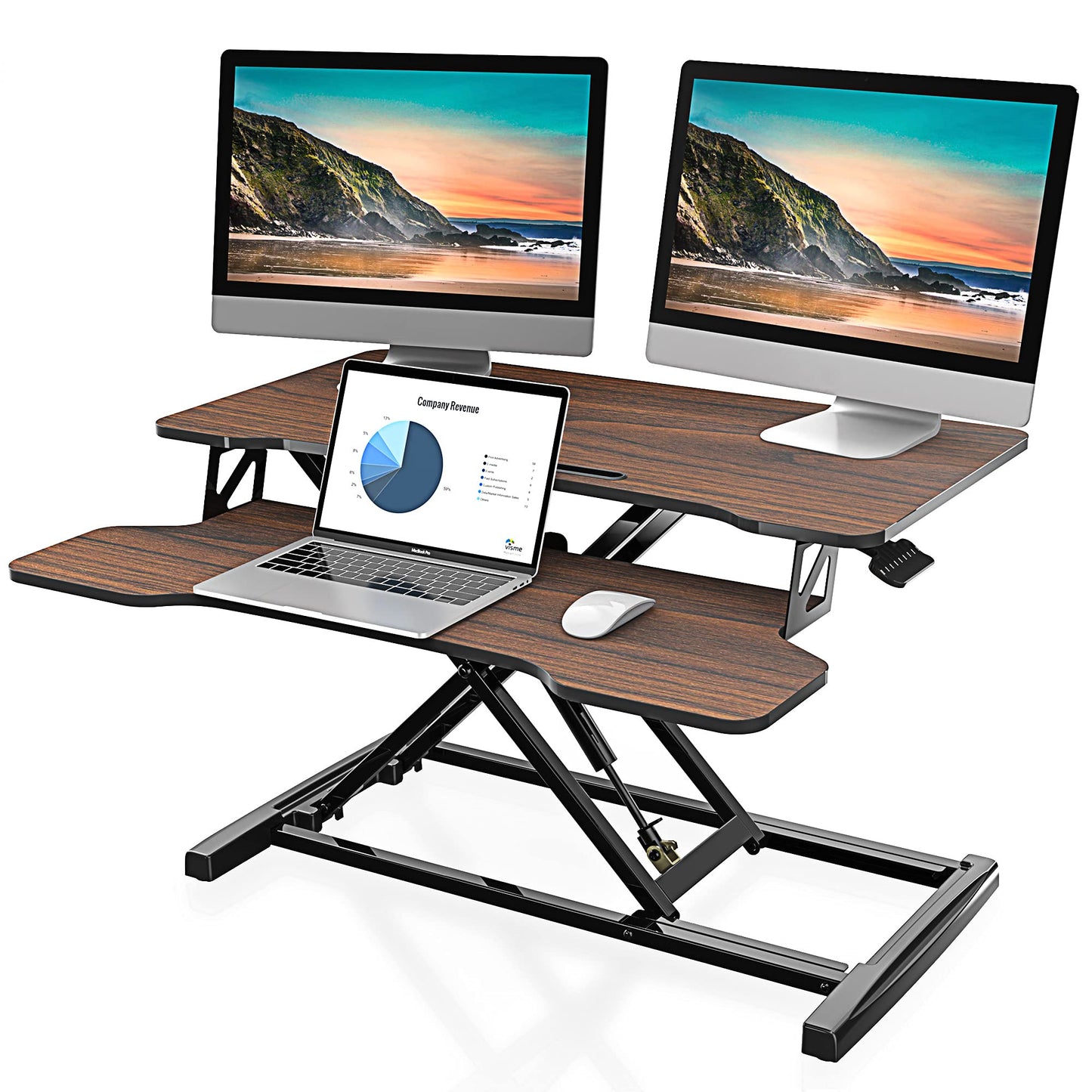 FITUEYES Height Adjustable Standing Desk 32” Wide Sit to Stand Converter Stand Up Desk Tabletop Workstation for Laptops Dual Monitor Riser Brown SD308002WE