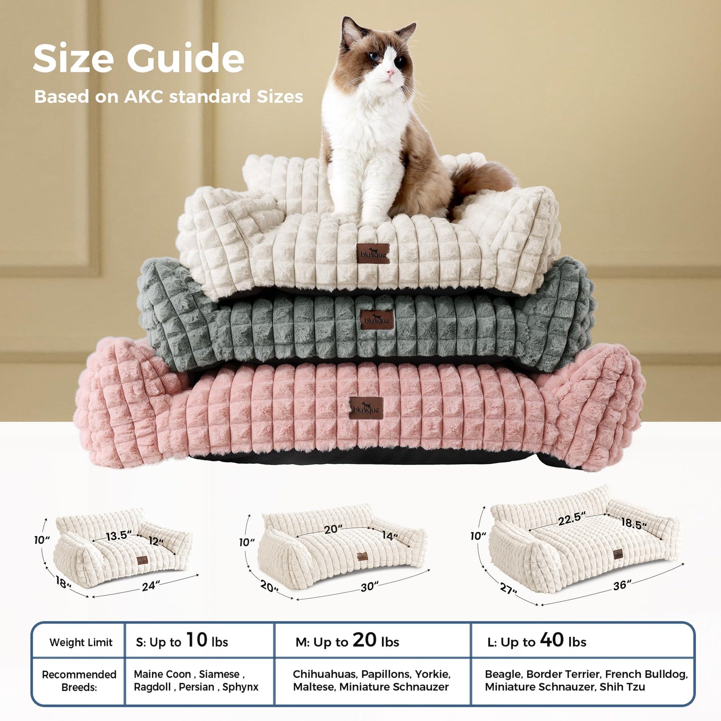 blunique Cat Beds for Indoor Cats - Cute Cat Couch Bed Fluffy Pet Sofa with Faux Rabbit Fur Washable Cover, Fuzzy Pet Couch in 3D Diamond Pattern, Suppportive Large & Small Cats Sofa, 24inch Off White