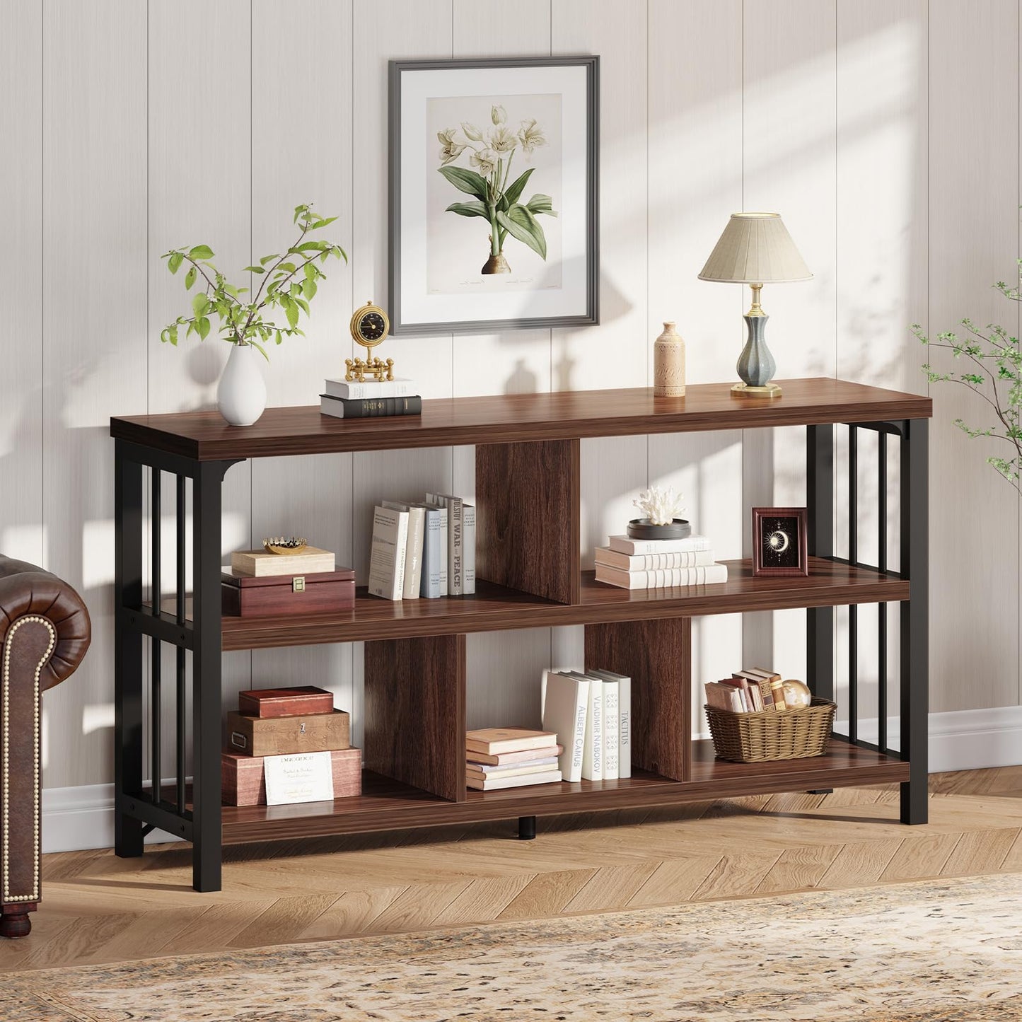 IBF Horizontal Bookshelf, Industrial 5 Cube Storage Organizer Open Shelf, Modern Wide Book Shelf for Bedroom Living Room, Rustic Wood and Metal Low Short Bookcase for Home Office, Walnut Oak, 47 Inch