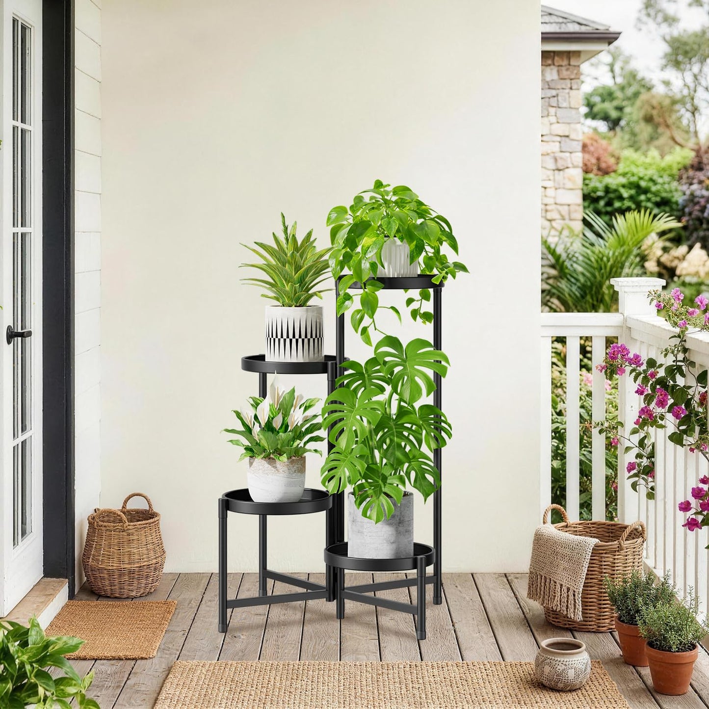 iDavosic.ly 4 Tier Large Plant Stand Indoor with 10 Inch Wide Tray, Tiered Corner Metal Outdoor Flower Display Holder Shelf, Folding Tall Rack for Patio Porch Living Room, Modern Black