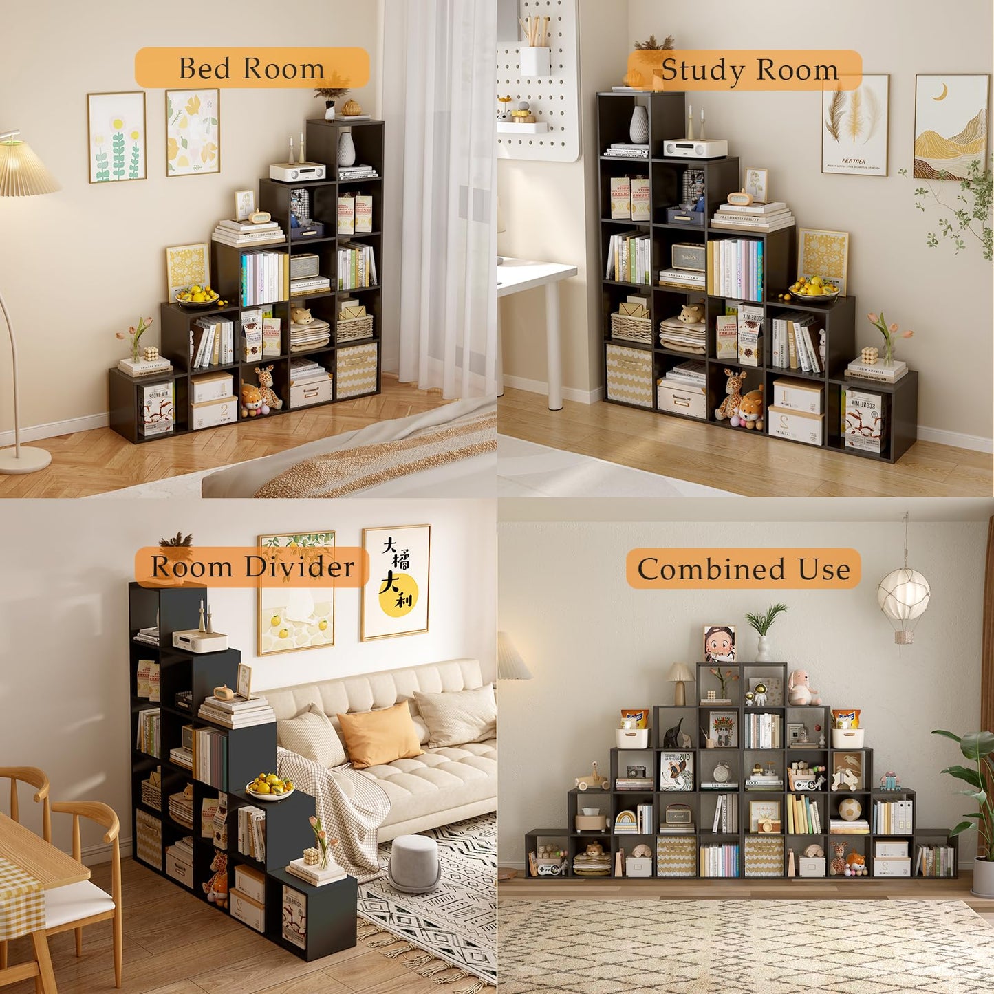 OSCHF Ladder Cube Storage Bookcase - Wooden L-Shaped 3-Tier Corner Shelf, Reversible 6-Cube Organizer for Home & Office, White