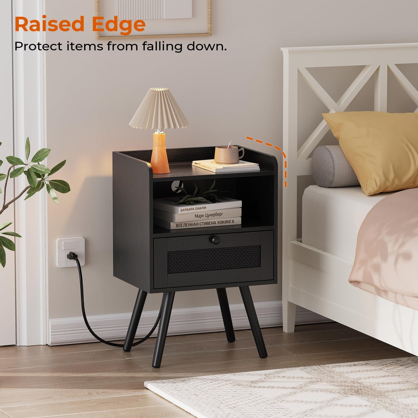 SUPERJARE Nightstand with Charging Station, Bedside Table with Texilene Surface Drawers, Rattan Side Table with Storage & Solid Wood Feet, End Table for Bedroom, All Black