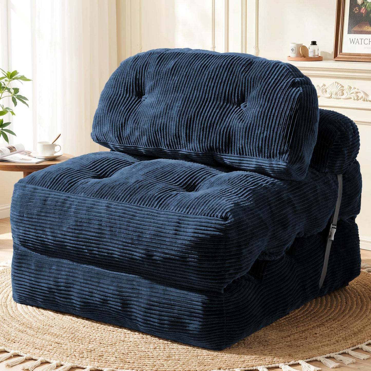 Vellorise Folding Sofa Bed, Convertible Sleeper Chair with Back Support and Pillow Futon,Boneless Foldable Couch for Living Room/Guest Use/Home Office, Foldable Chair Bed for Adults, Navy Blue