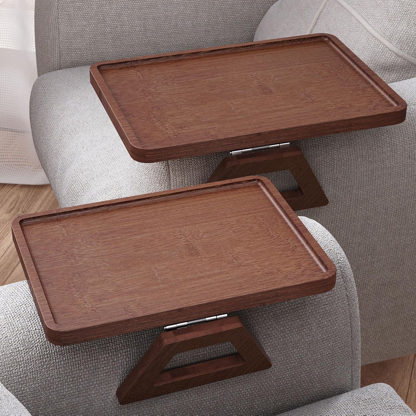 Danfoxer 2 Pack Couch Arm Tray,Bamboo Folding Sofa Tray,Sofa Armrest Tray Clip-On Couch Desk for Drinks,Snacks,Phone,Remote Control（Brown）