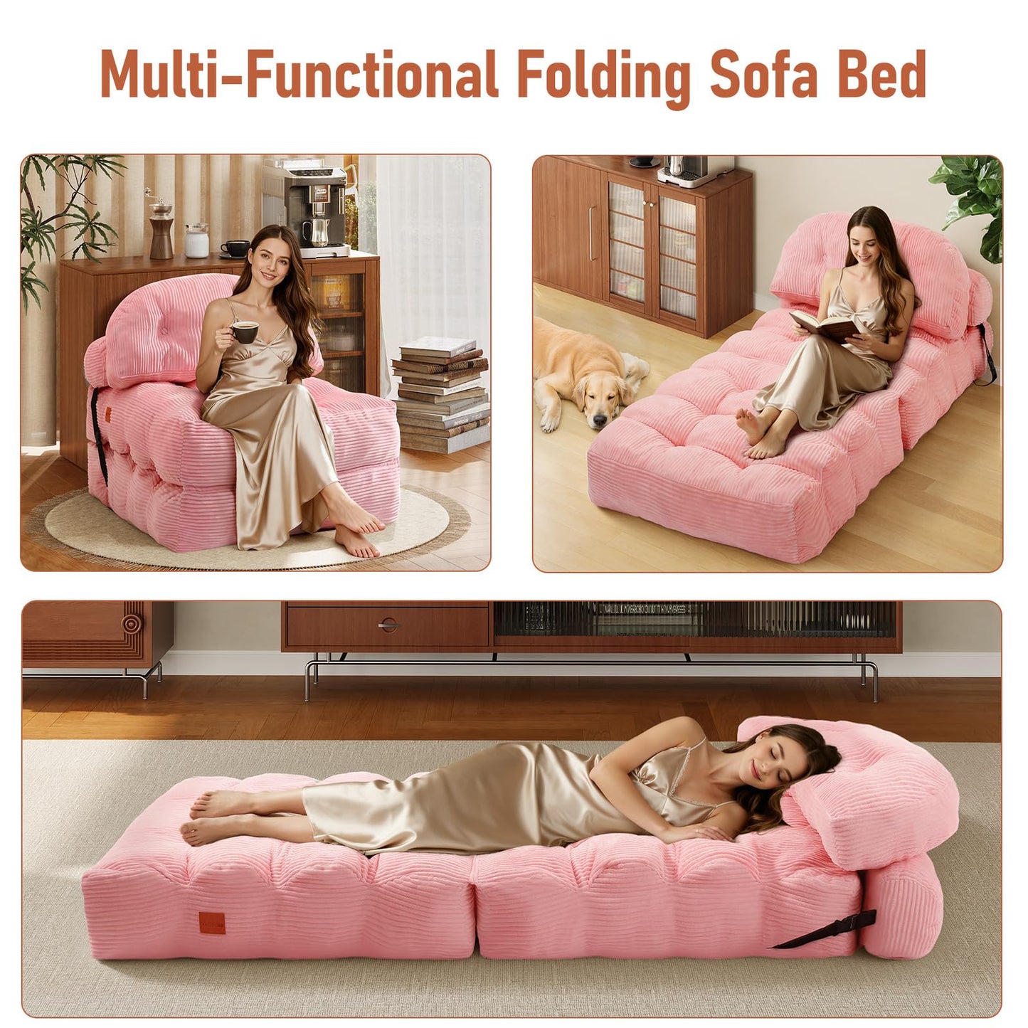 Vellorise Folding Sofa Bed, Convertible Sleeper Chair with Back Support and Pillow Futon,Boneless Foldable Couch for Living Room/Guest Use/Home Office, Foldable Chair Bed for Adults, Pink
