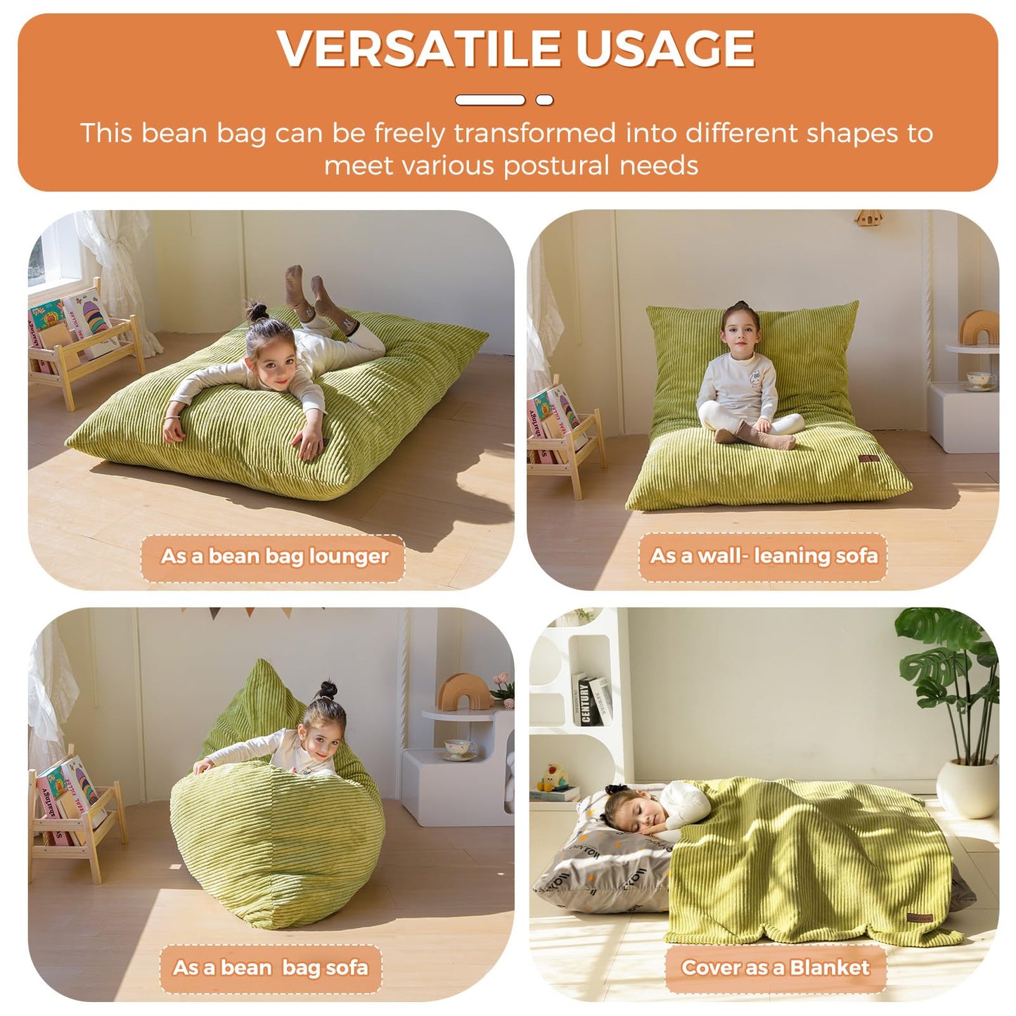 MAXYOYO 3 in 1 Kids Bean Bag Chair Bed, Convertible Chair Folds from Bean Bag to Lounger, Child Floor Sofa for Gaming, Reading, Floor Couch with High-Density Foam Filling
