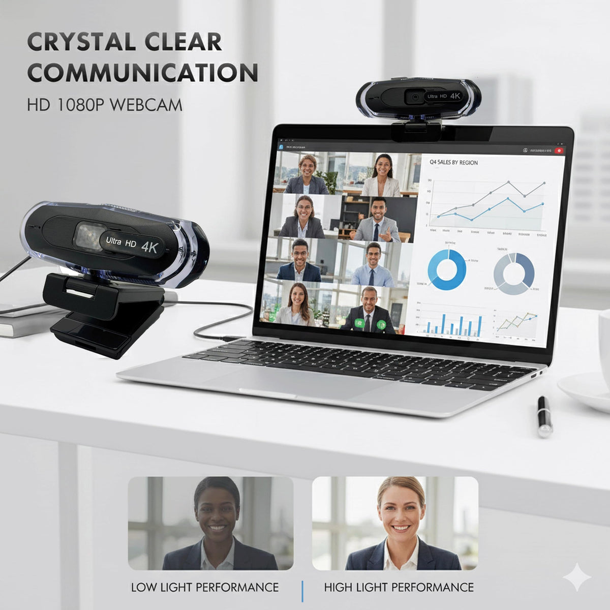 WEBDARAZ 4K Ultra HD Remote Control with Stand Webcam, LED RGB Lighting, 95-Degree Wide Angle, Auto Focus, 1080P@60FPS, Black, USB 2.0, for Video Conferencing, Desktop/Laptop