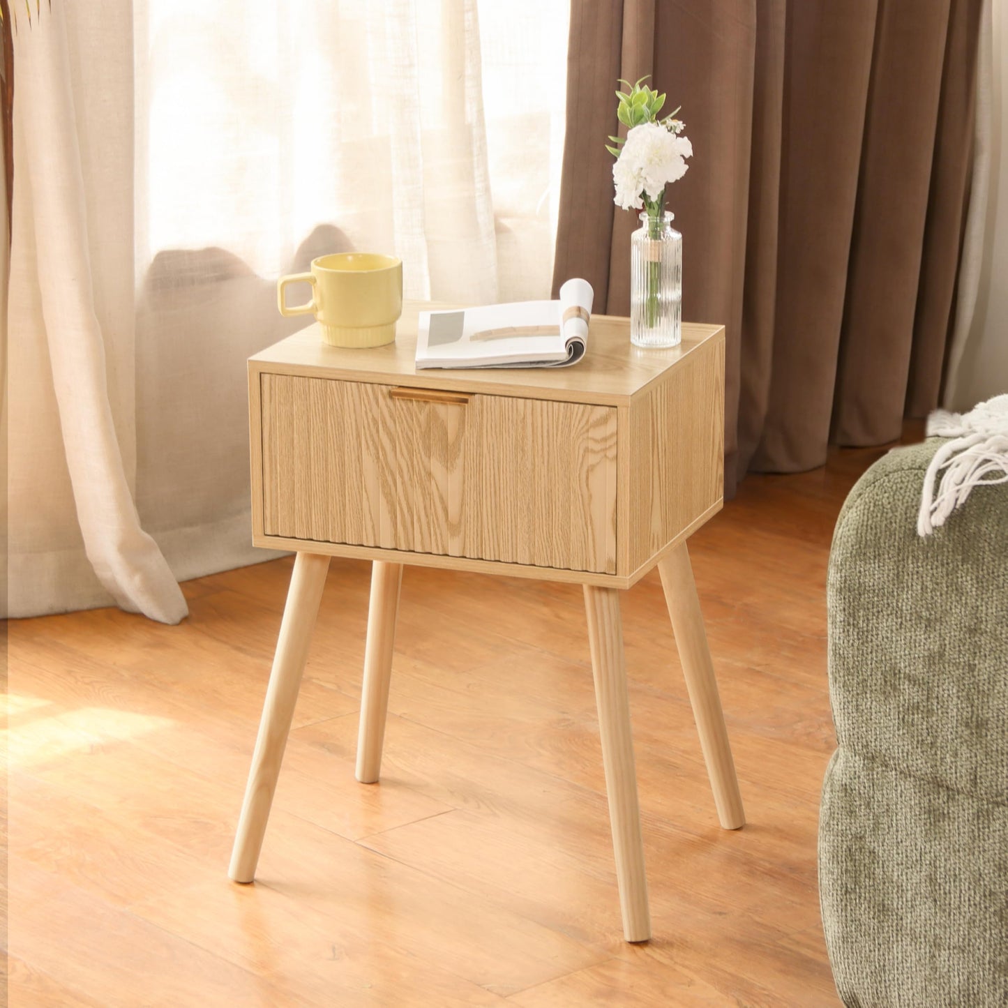 AWASEN Fluted Nightstand, Small End Tables Living Room, Wood Bedside Side Table with Storage Drawer for Bedroom and Small Space, Natural