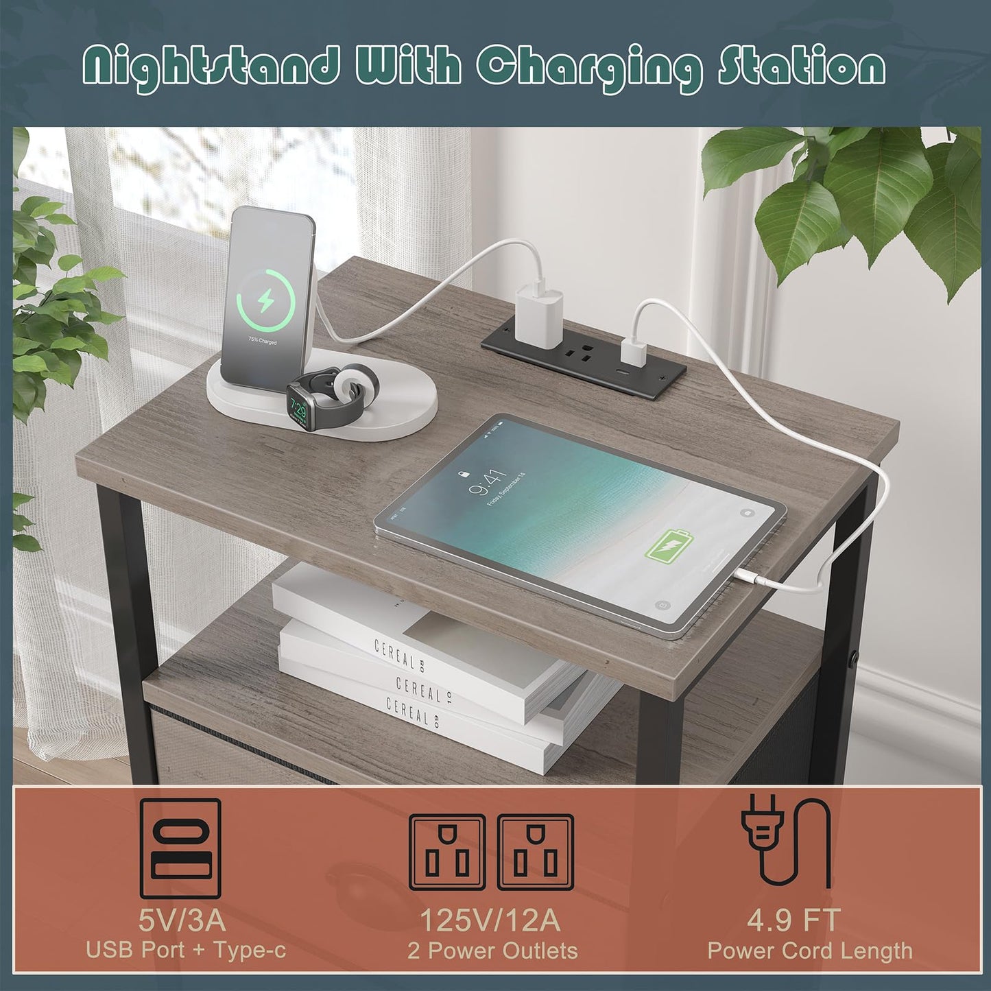 sthmec Nightstand with Charging Station,LED Nightstand with 3 Fabric Drawers, Bedside End Tables, 2-Tier Open Storage Shelf, Side Table Nightstand with Drawers for Bedroom,Grey
