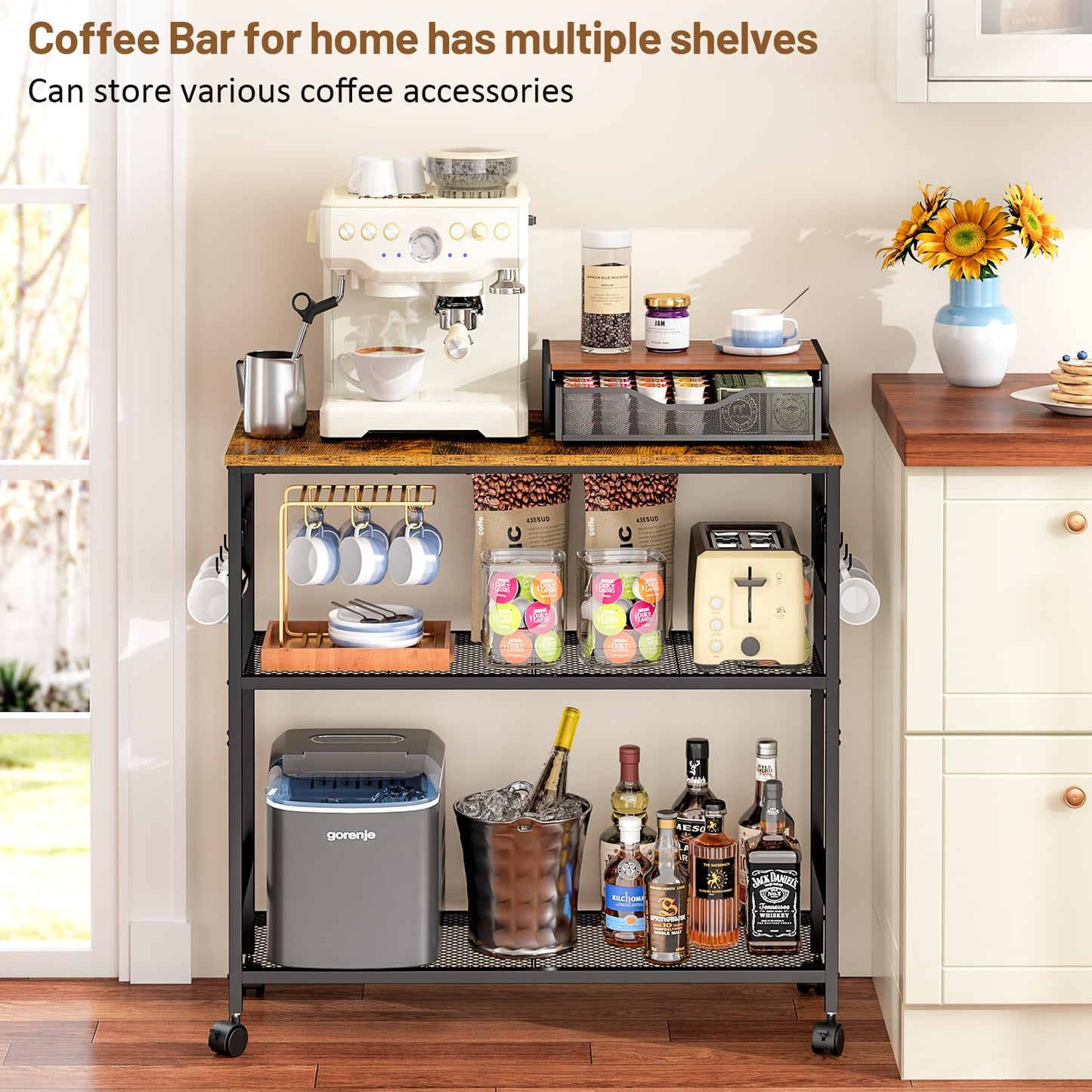 3 Tier Rolling Kitchen Microwave Cart, 33 Inch Microwave Table Stand with Adjustable Shelf, Kitchen Storage Island Utility Cart on Lockable Wheels, Bakers Rack Coffee Bar for Living Room, Office